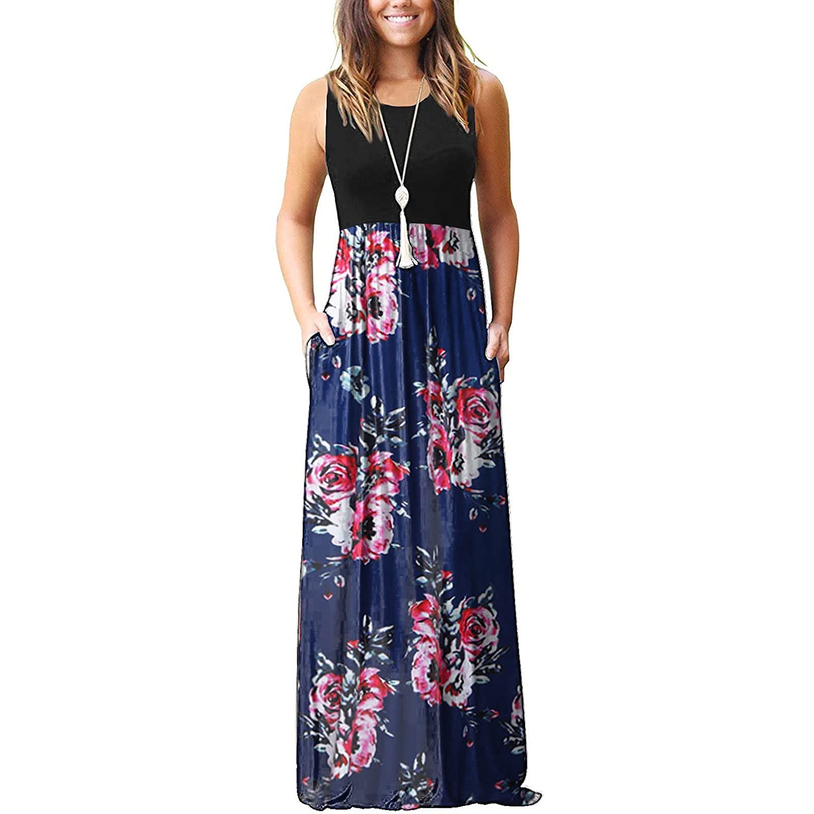 **HXHYQKP Women's Summer Maxi Dress with Pockets - Sleeveless Casual Long Dress for Beach, Vacation & Everyday Wear**