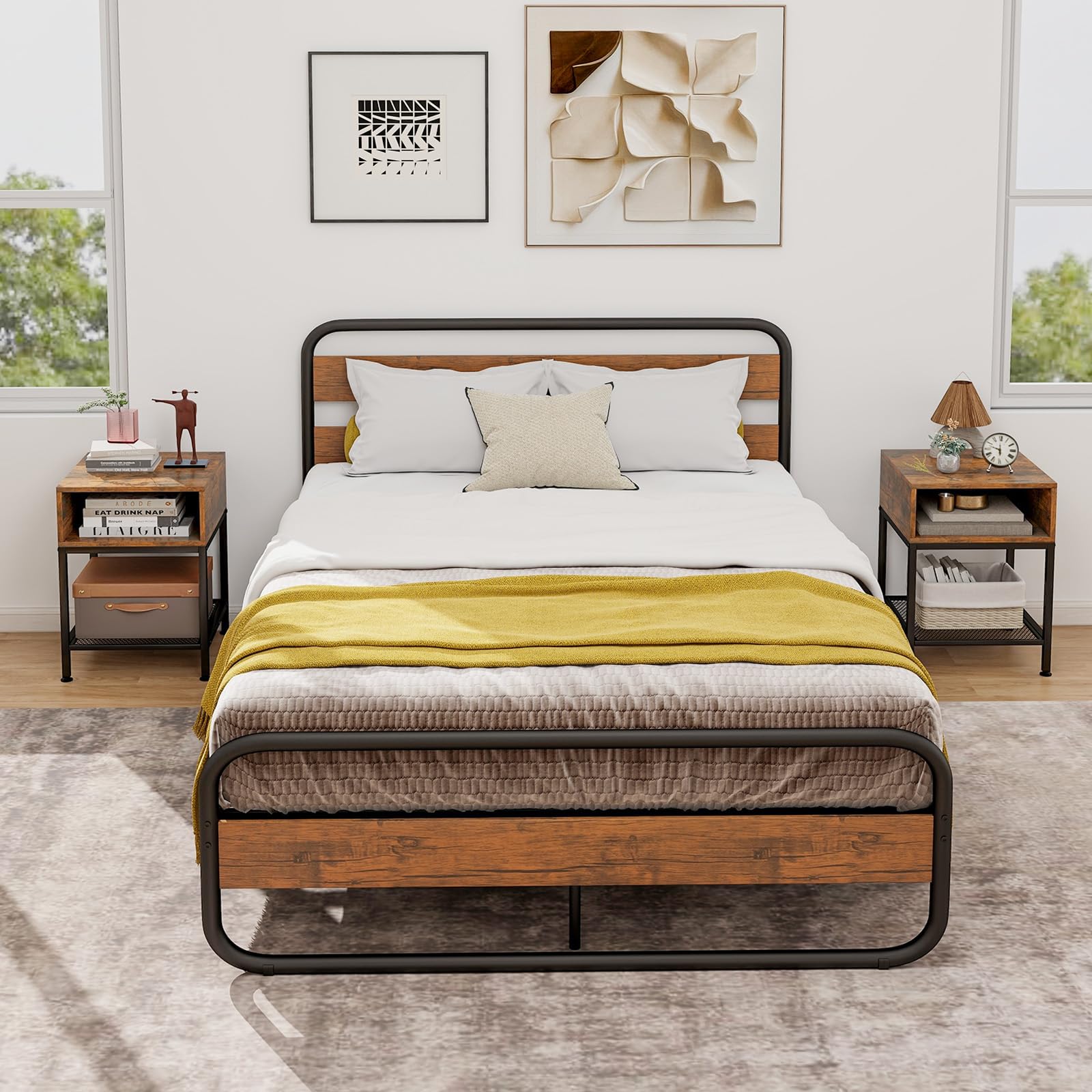 Giantex 2-Tier Industrial End Table Set of 2 with Open & Mesh Storage Shelves - Sturdy Metal Frame Telephone Table for Small Spaces - Rustic Brown Bedside Nightstand for Living Room & Bedroom - Perfect for Compact Apartments, Dorms and Office Spaces
