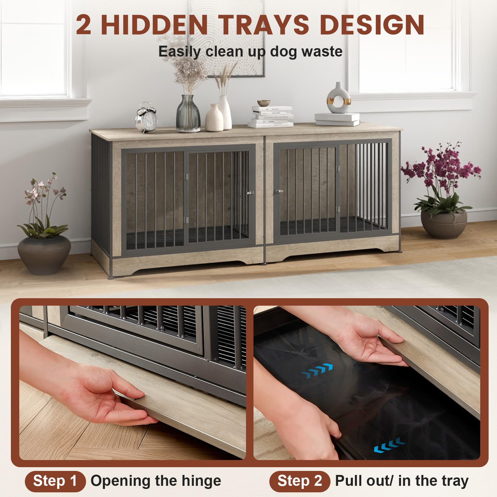 75 Inch Double Dog Crate Furniture for 2 Large Dogs with Removable Trays - 3-in-1 Grey Large Dog Kennel with Divider, TV Stand & Pet House - Perfect for Living Room, Bedroom or Home Office
