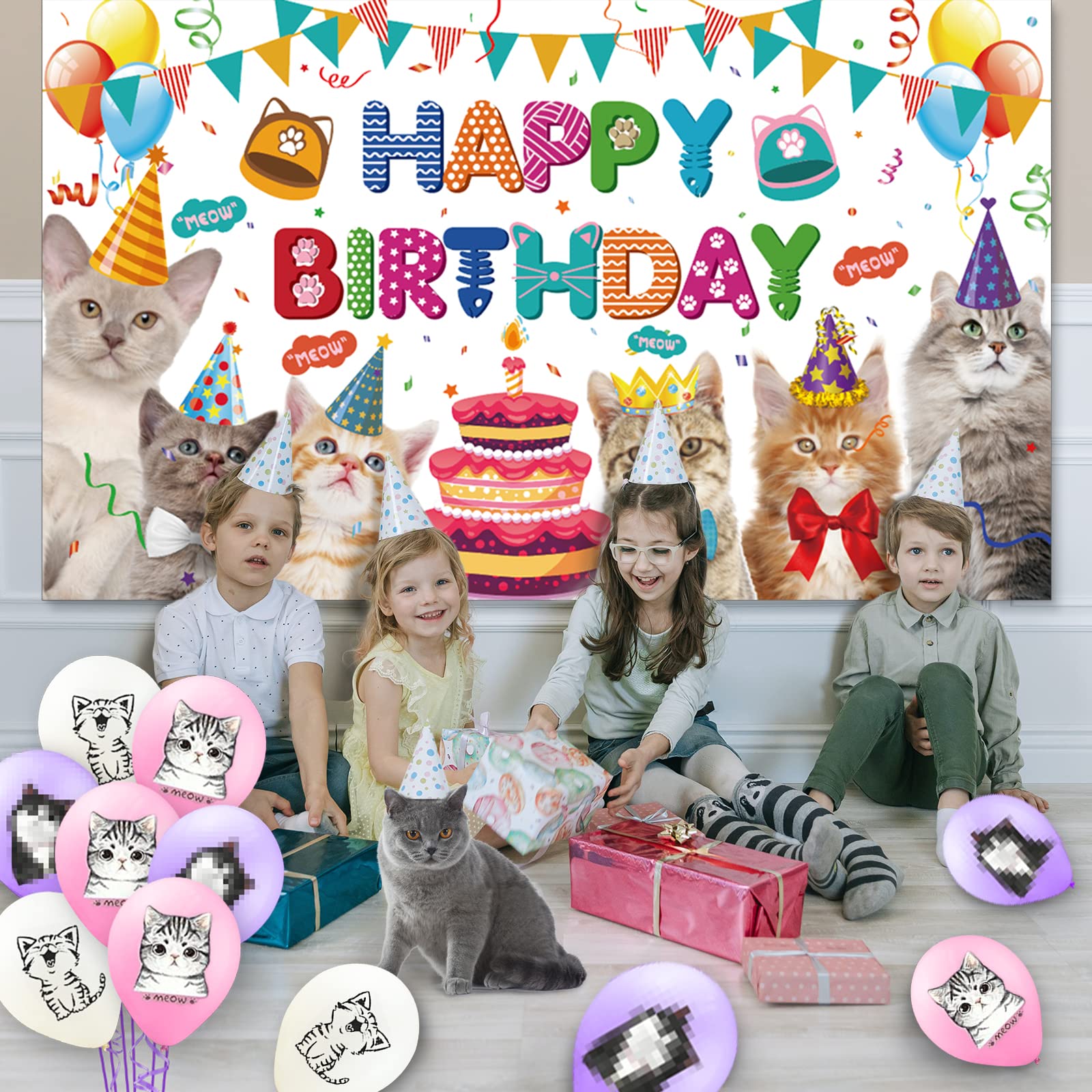 Cat Birthday Party Decorations Set - Includes Backdrop, Banner, Hanging Swirls, Cake Topper & Tablecloth for Kitten Themed Celebrations | Perfect for Girl's Birthday, Kitty Shower & Pet Lover Events