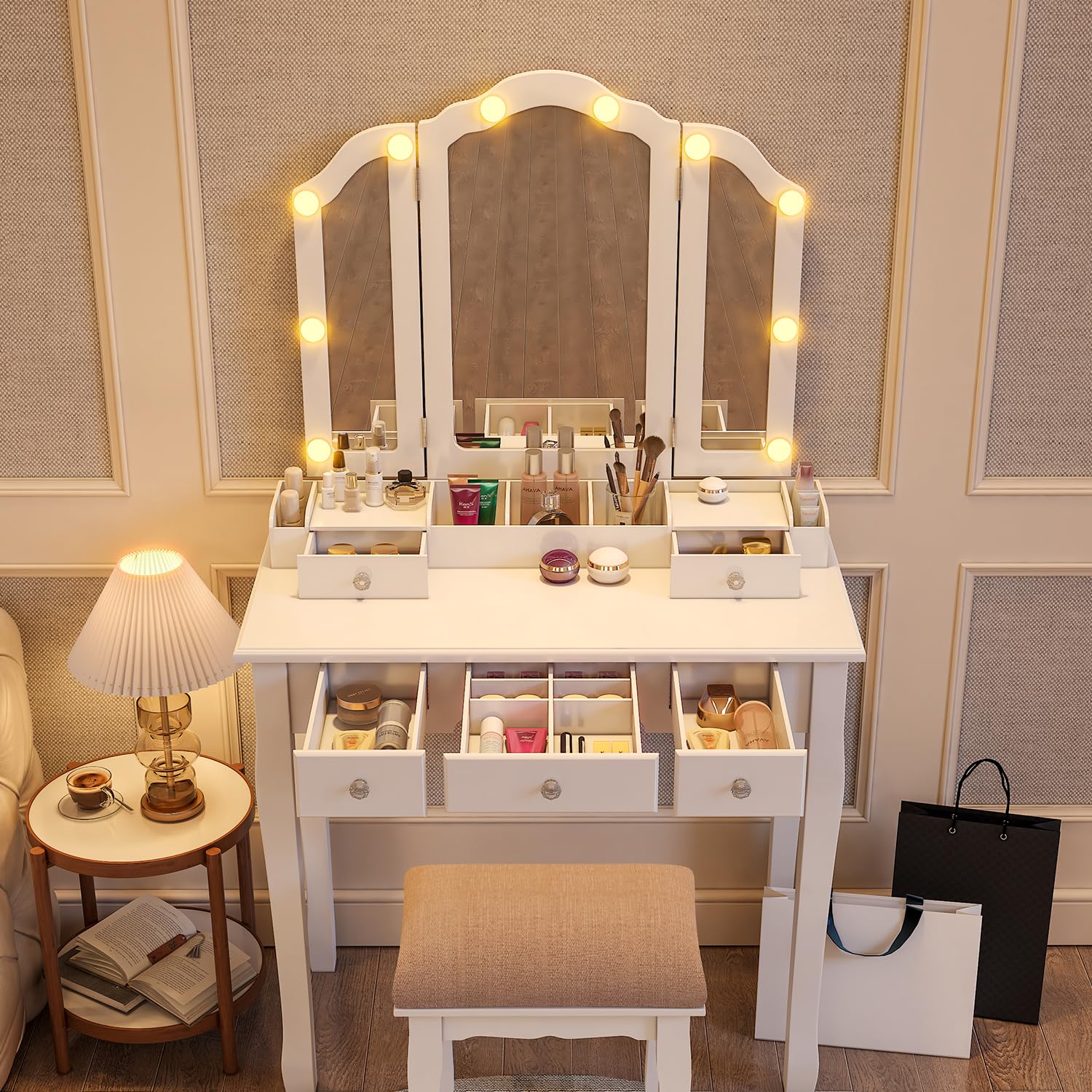 Lighted Makeup Vanity Desk with Mirror, Drawers & Stool - Hollywood Style Dressing Table with LED Lights for Bedroom, Beauty Salon & Home Decor