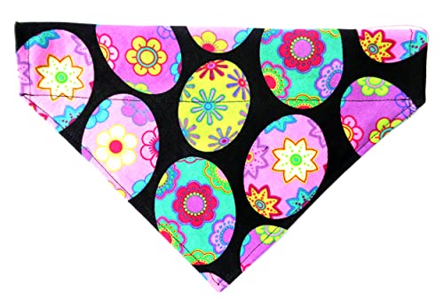 Easter Eggs and Flowers Print Reversible No-Tie Dog Bandana - Slip Over Collar Pet Neckwear Accessories for Small Medium Large Dogs - Perfect for Easter, Spring Walks & Pet Photos