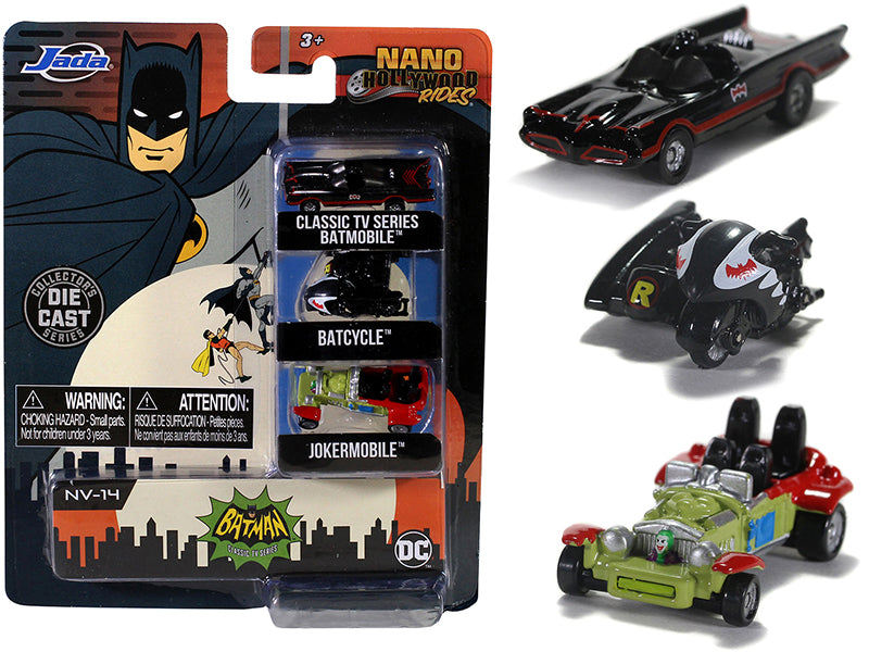 Batman Classic TV Series (1966-1968) 3-Piece Nano Hollywood Rides Diecast Model Car Set by Jada - Collectible Action Figures for Superhero Fans & Movie Memorabilia Collectors