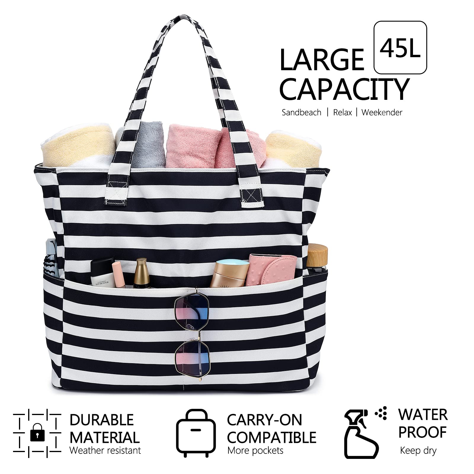 Waterproof & Sandproof Beach Tote Bag for Women - Large Zippered Pool Bag with Wet Pocket - Perfect for Gym, Grocery Shopping, Travel & Beach Days
