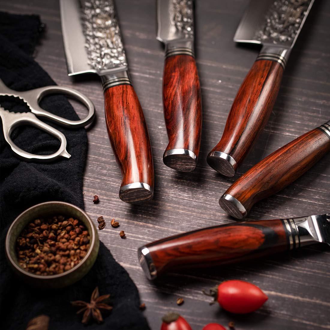 YARENH 8-Piece Professional Damascus Chef Knife Set - High Carbon Stainless Steel Blades, 73 Layers, Full Tang with Dalbergia Wood Handle & Walnut Block - Perfect for Home Cooking, Professional Kitchens & Culinary Gifts
