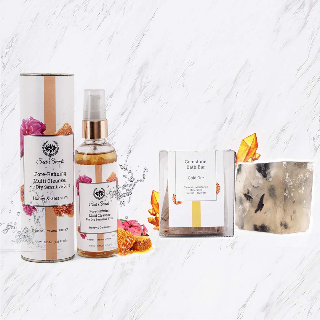 **Seer Secrets Multi Cleanser + Gold Ore Gemstone Set | Deep Cleansing for Dirt & Pollutants | Premium Skincare for Glowing & Brightening Skin | Ideal for Daily Face Wash & Spa Treatment - Set of 2**