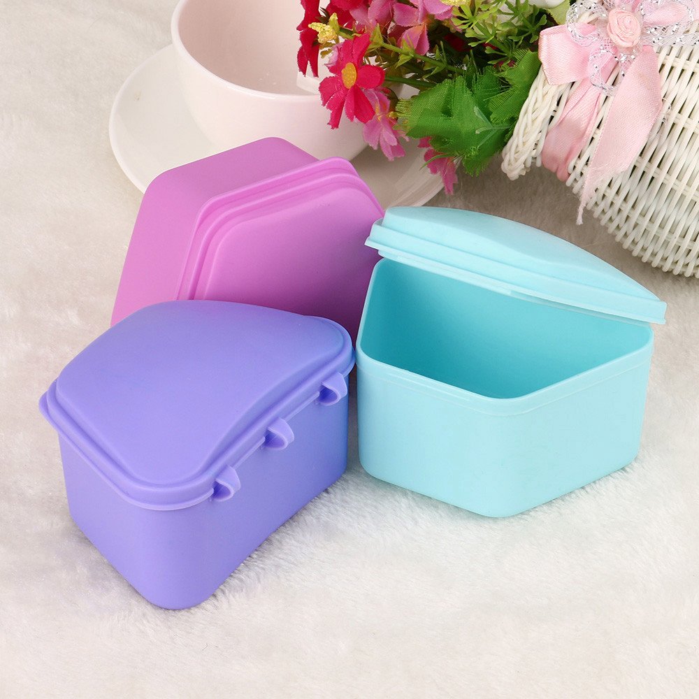JKRED050 Portable Denture Storage Box - False Teeth Bath & Rinsing Case with Appliance Basket for Travel, Home & Dental Care (One Size)