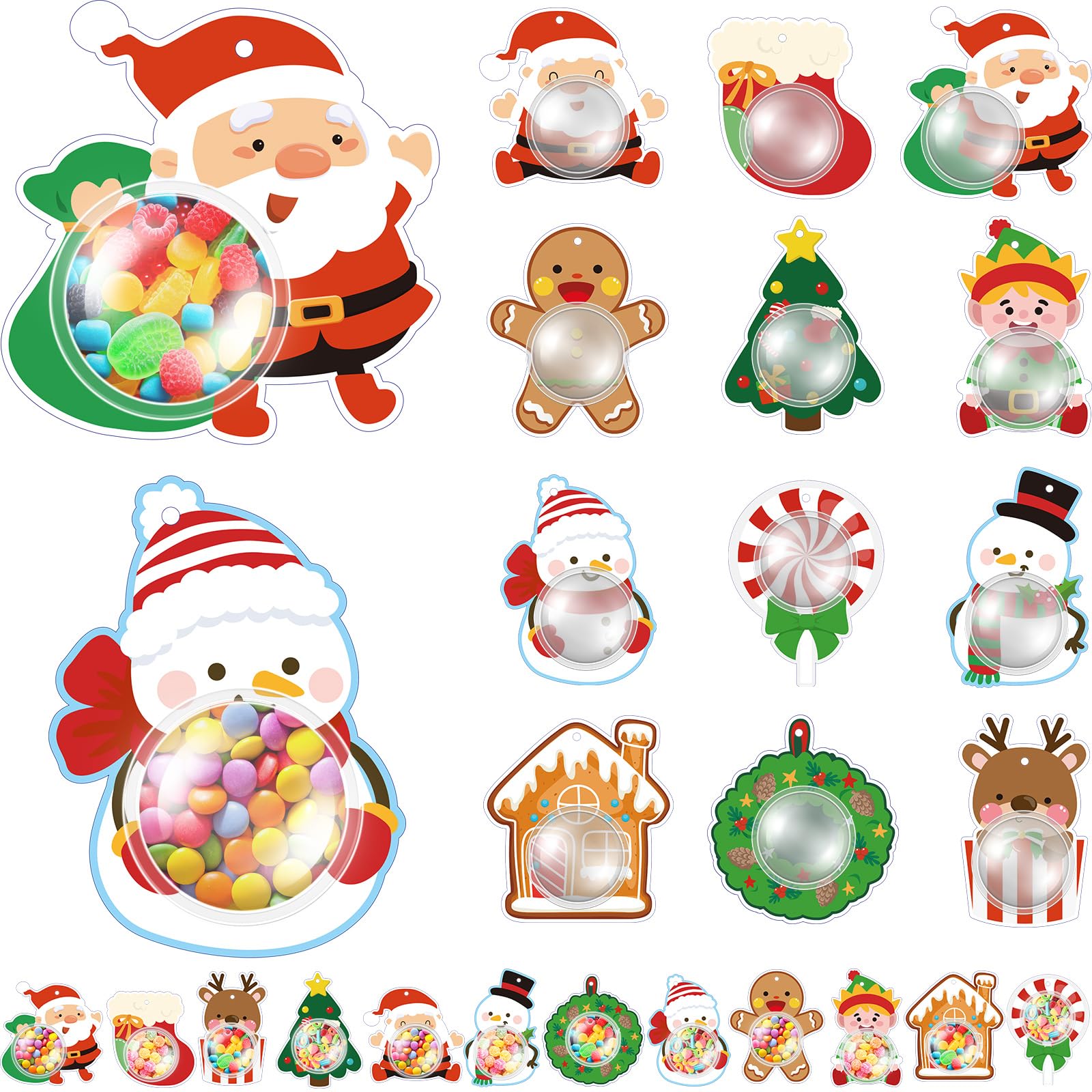 24 Pcs Christmas Candy Holders with Adhesive Pouches - Santa Snowman Gingerbread Elk Decorations for DIY Xmas Gifts, Party Favors, Stocking Stuffers & Classroom Treats