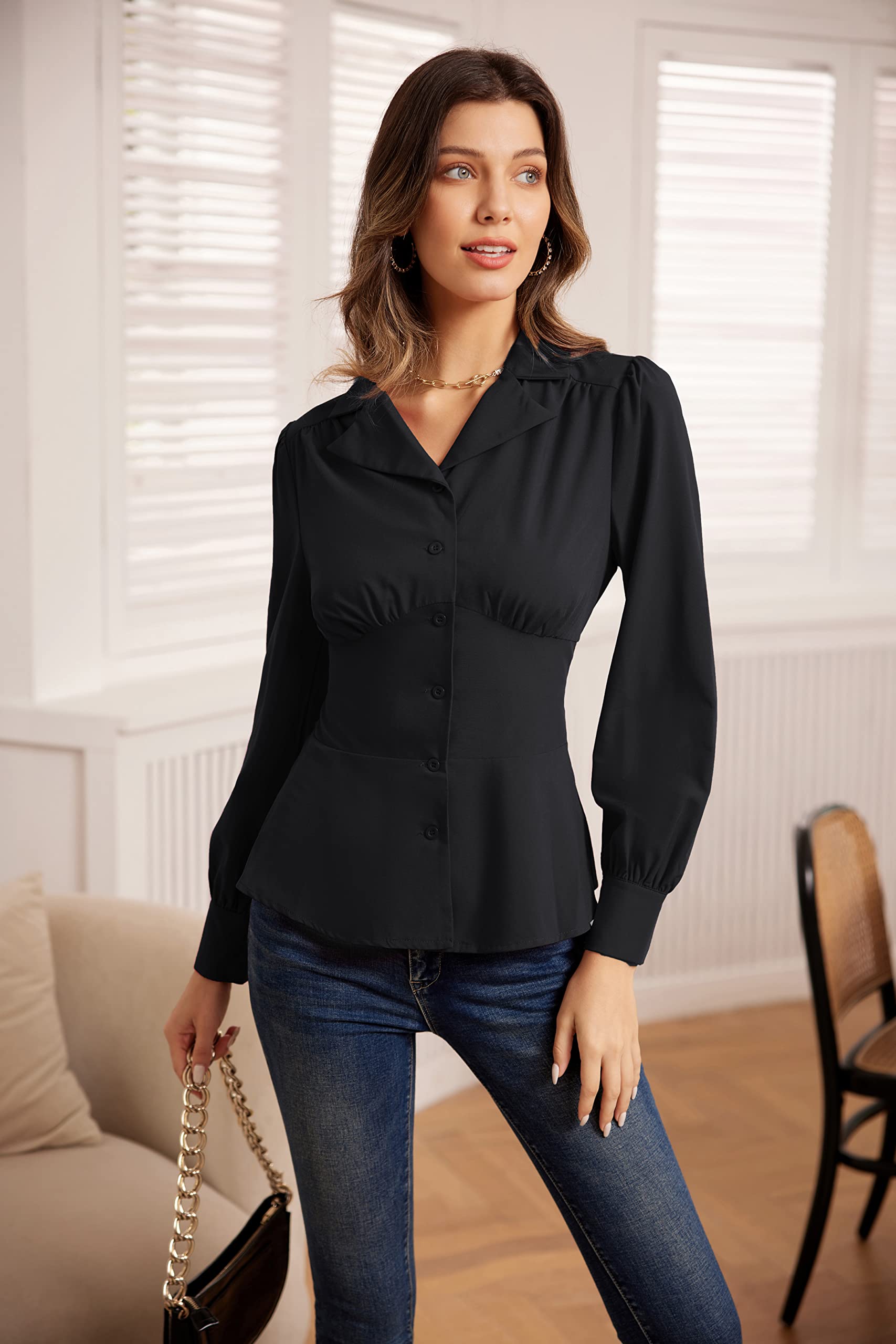 GRACE KARIN Women's Summer Peplum Button Down Shirt - Long Sleeve Collared Blouse for Work & Dressy Occasions | Office Wear, Business Casual & Date Night Outfits