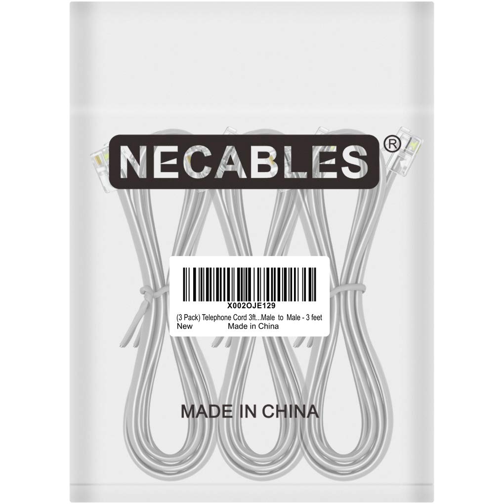 NECABLES 3-Pack 3ft RJ11 6P4C Male to Male Telephone Cord for Landline Phone & Fax - Durable Phone Line Cable for Home Office, Business, and VoIP Systems