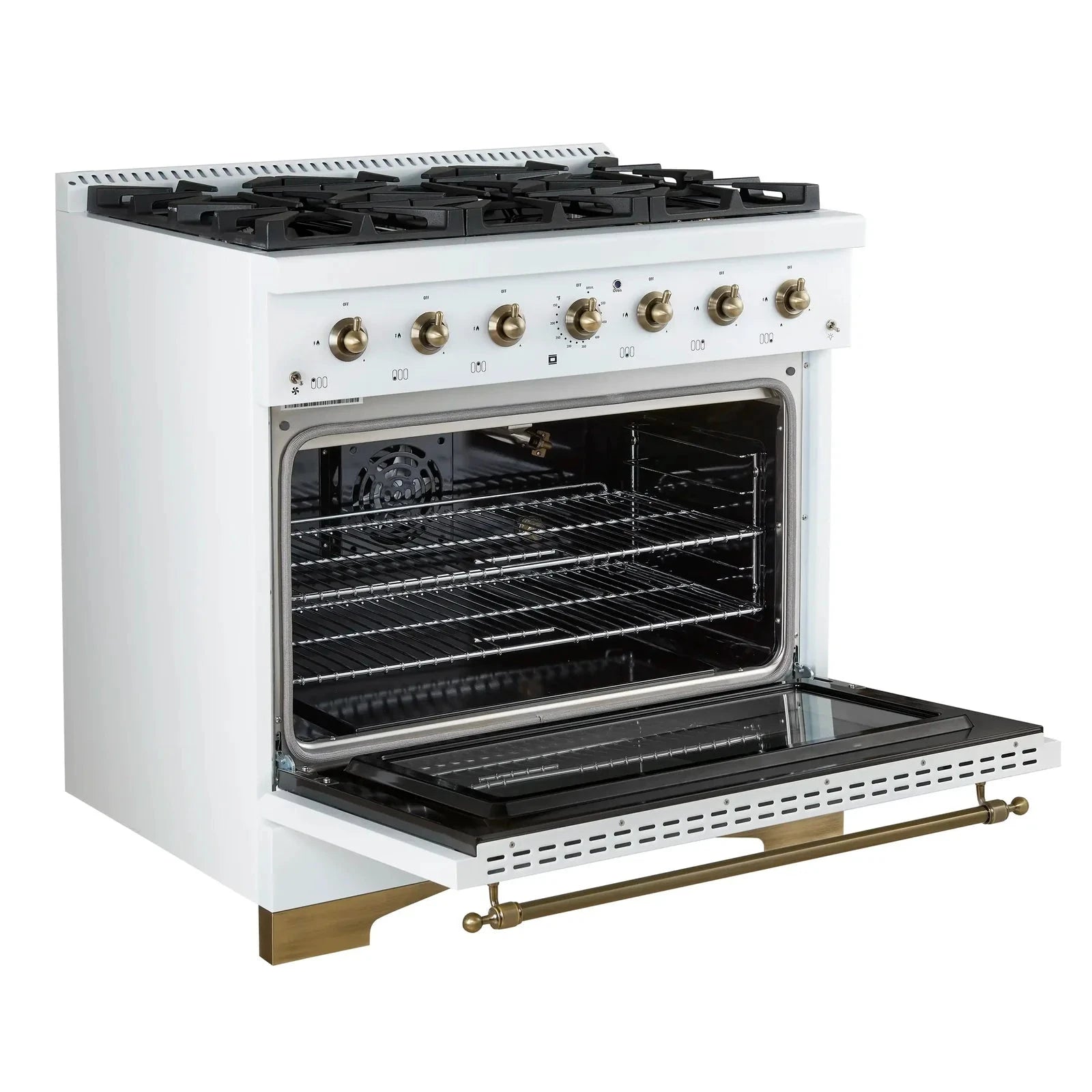 Forno Antico 36 Inch Gas Range with 6 Burner Cooktop & Convection Oven - White Finish with Antique Brass Trim (Model FFSGS6219 36WHT) - Perfect for Gourmet Cooking in Modern Kitchens