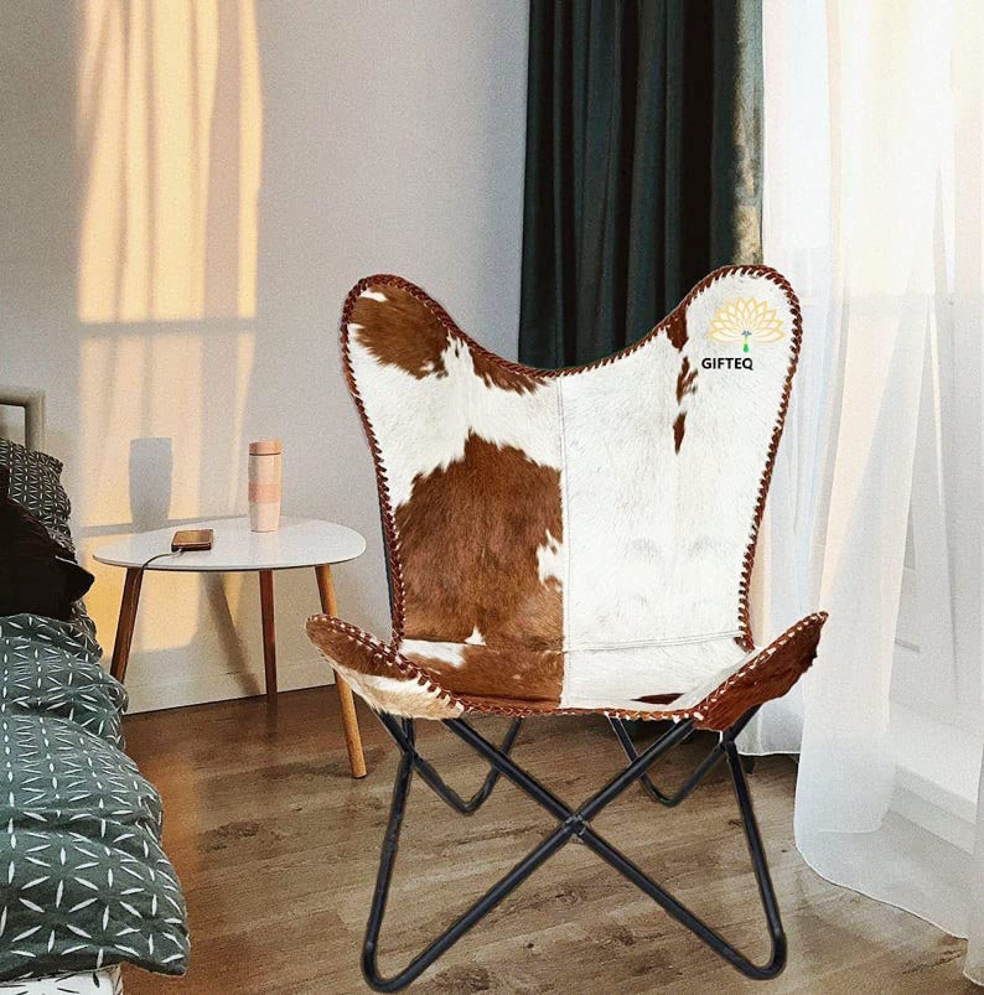 GifteQ Classic Cowhide Leather Butterfly Chair - Foldable & Easy to Assemble Living Room Chair, Comfortable Lounge & Dining Chair for Home, Patio, Dorm Room & Outdoor Use