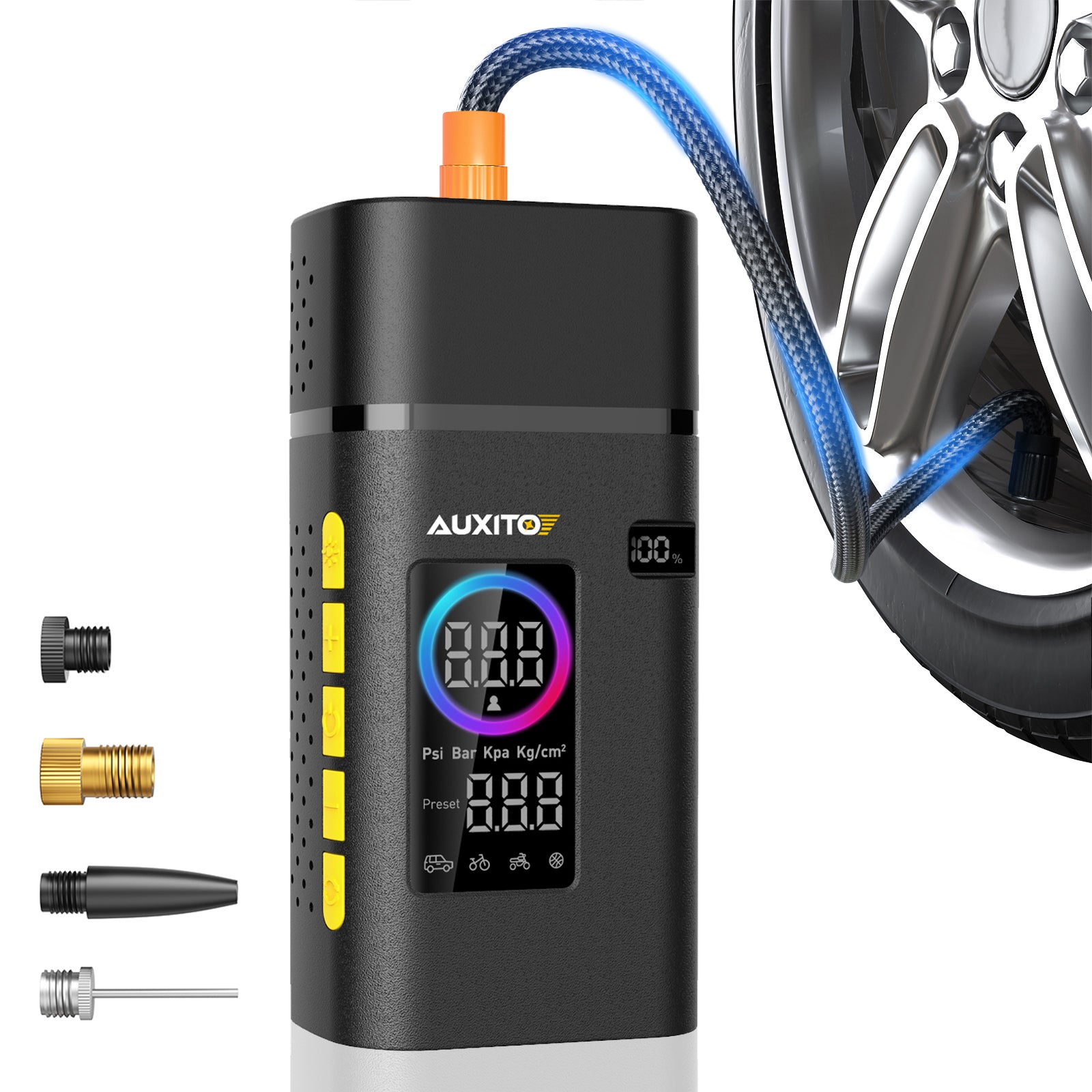 AUXITO A501 Cordless Tire Inflator - 150 PSI Portable Air Compressor with Fast Inflation, Smart Digital Display & LED Light for Cars, Bikes, SUVs and Outdoor Adventures