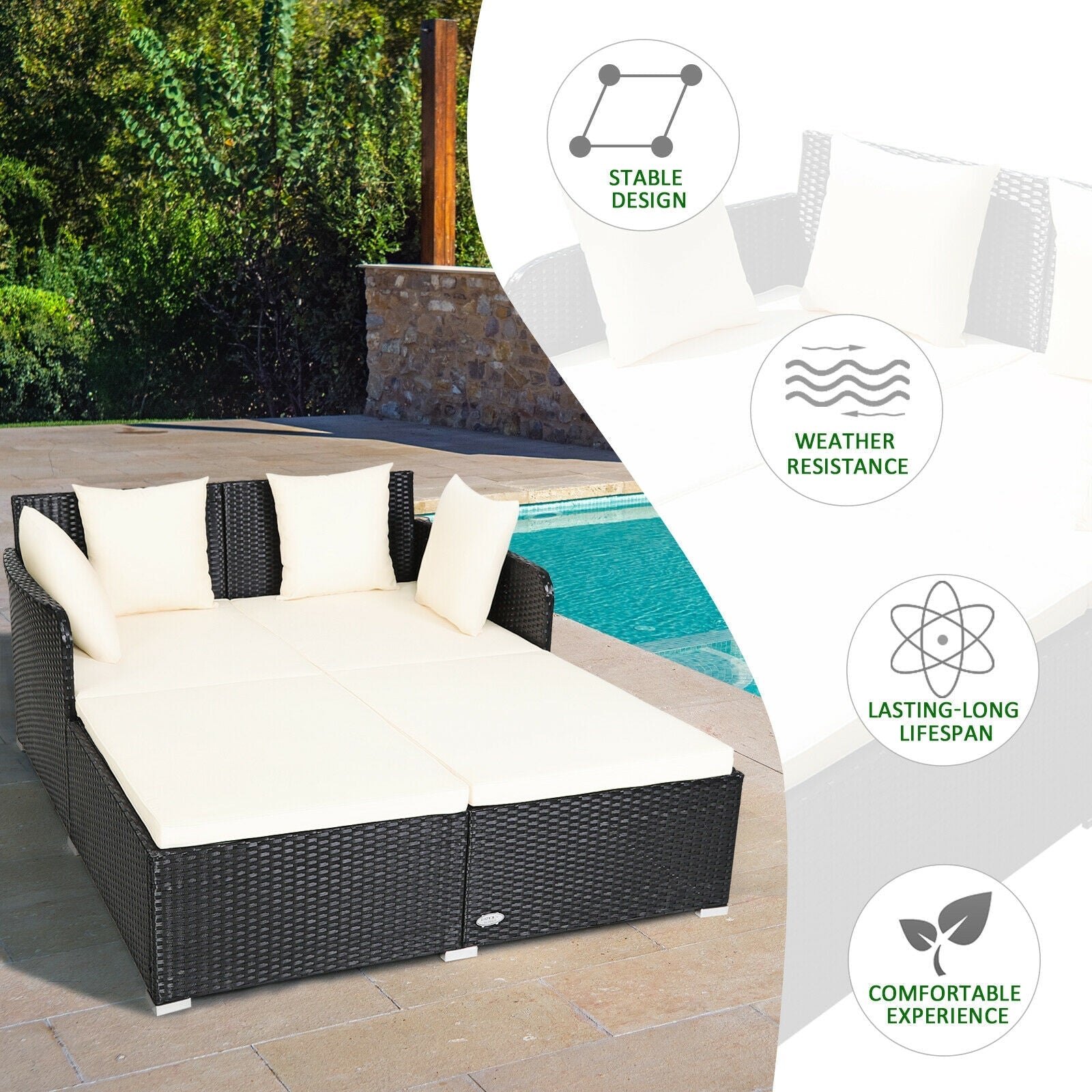 Premium White Outdoor Rattan Daybed with Upholstered Cushions & Pillows - Spacious Patio Lounger for Poolside Relaxation and Backyard Sunbathing