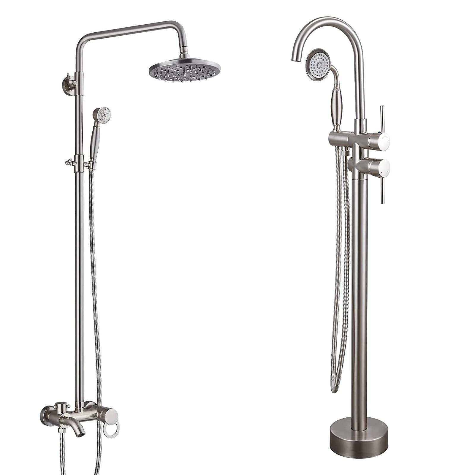 8-Inch Brushed Nickel Rainfall Shower Head Set with Handheld Shower & Single Handle Faucet - High Flow Brass Floor-Mount Shower System for Freestanding Bathtub - Perfect for Modern Bathroom Renovation & Spa-Like Shower Experience
