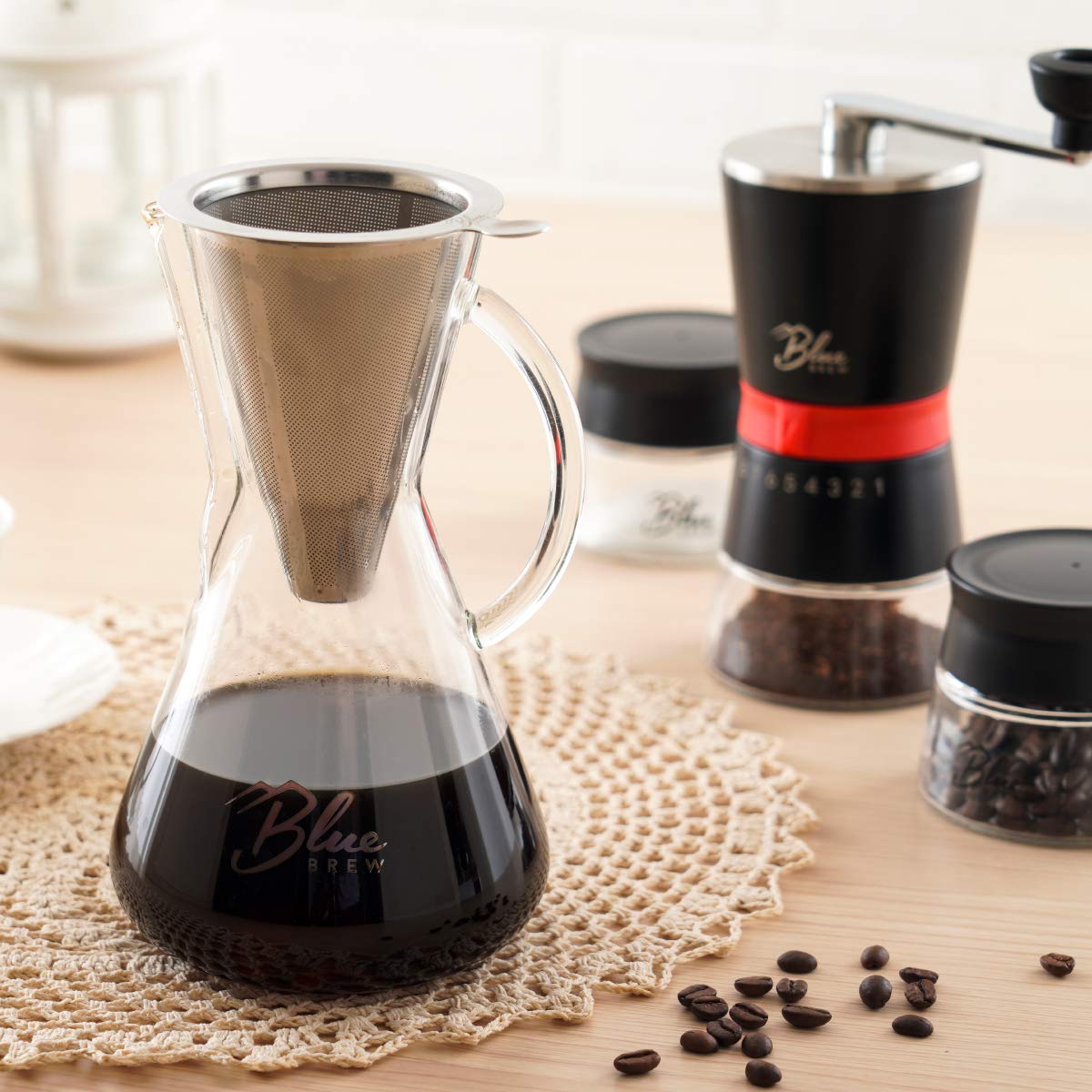 BLUE BREW BB1011 Pour Over Coffee Maker - 15oz Borosilicate Glass Carafe with Stainless Steel Paperless Filter - Perfect for Home, Office & Camping Coffee Brewing