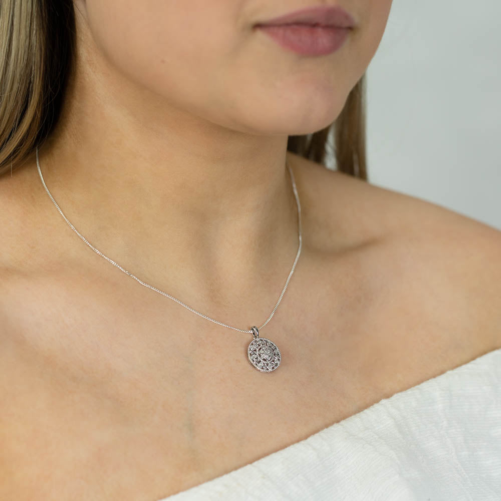 0.10 Carat Diamond Filigree Pendant in Sterling Silver - Elegant Necklace for Women, Perfect Gift for Anniversary, Valentine's Day & Special Occasions