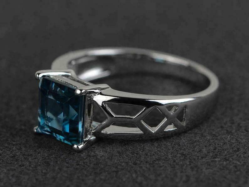 2ct Asscher Cut London Blue Topaz Solitaire Ring - White Gold Plated Split Shank for Women | Elegant Engagement, Anniversary & Gift Jewelry for Special Occasions