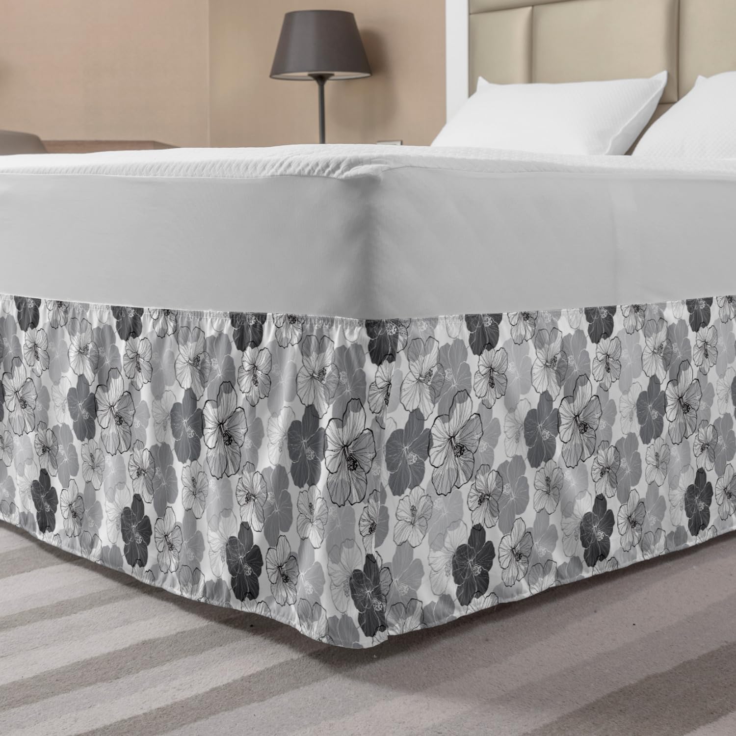 Ambesonne Floral Bed Skirt for King Size Beds - Hibiscus Flower Silhouette Design, Wrap Around Elastic Gathered Bedroom Decor in Purple-Blue & Pale Taupe - Perfect for Master Bedroom, Guest Room & Home Staging