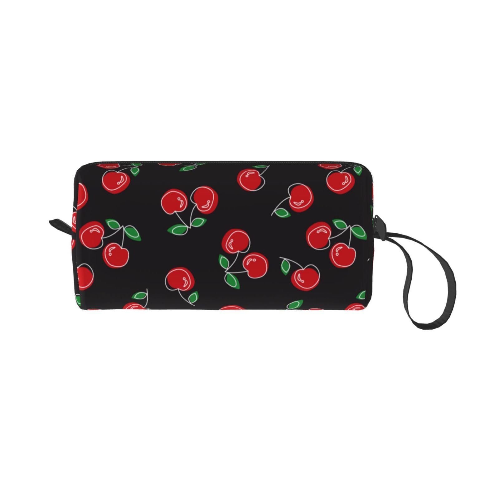 Red Cherry Black Makeup Bag Organizer - Small Cosmetic Travel Toiletry Bag with Handle - Portable Zipper Pouch for Women & Girls - Perfect for Travel, Gym, and Daily Essentials Storage