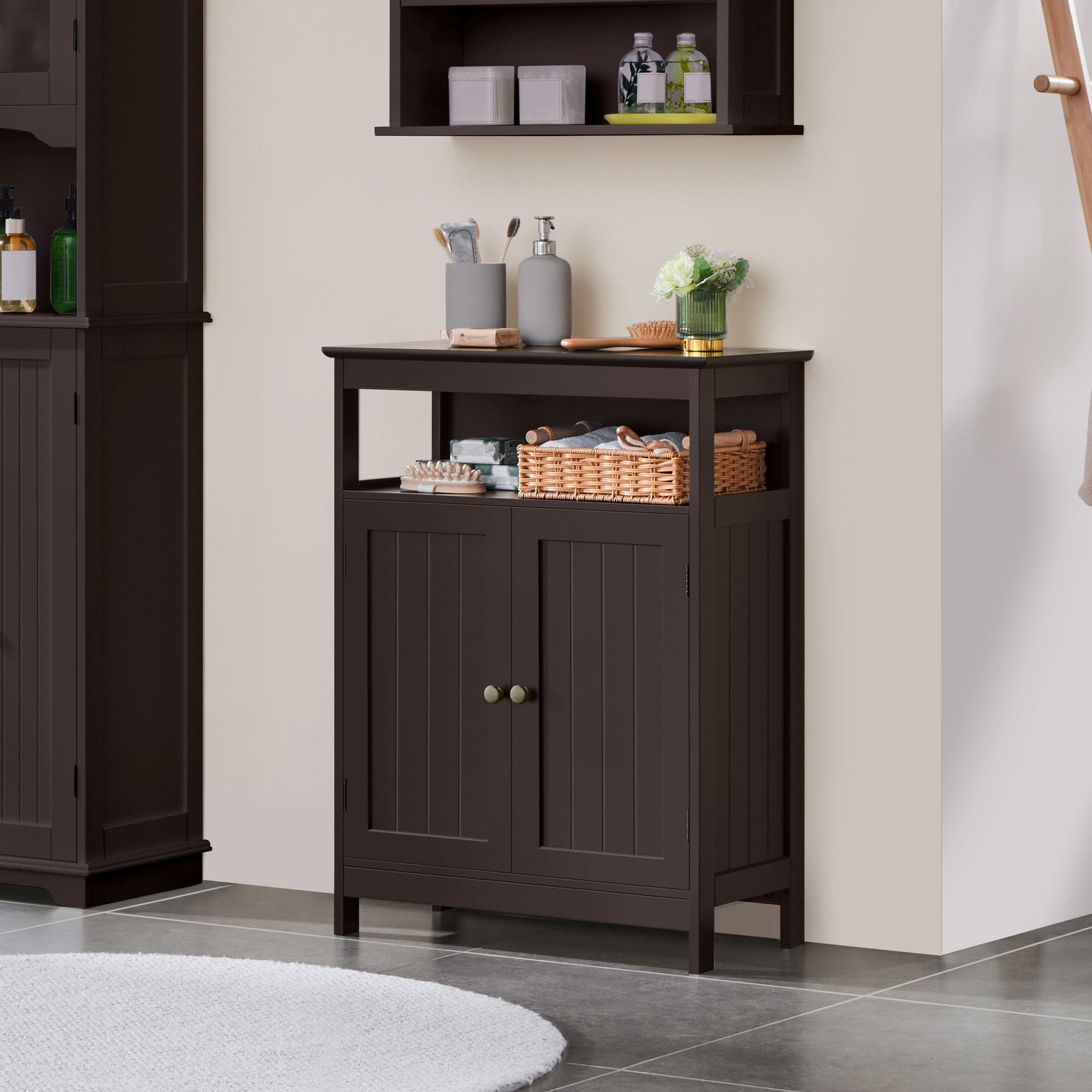 Yaheetech Wooden Bathroom Storage Cabinet - 2 Door Free Standing Organizer with Adjustable Shelf for Bathroom, Living Room, Hallway - Espresso Finish for Home Decor & Organization