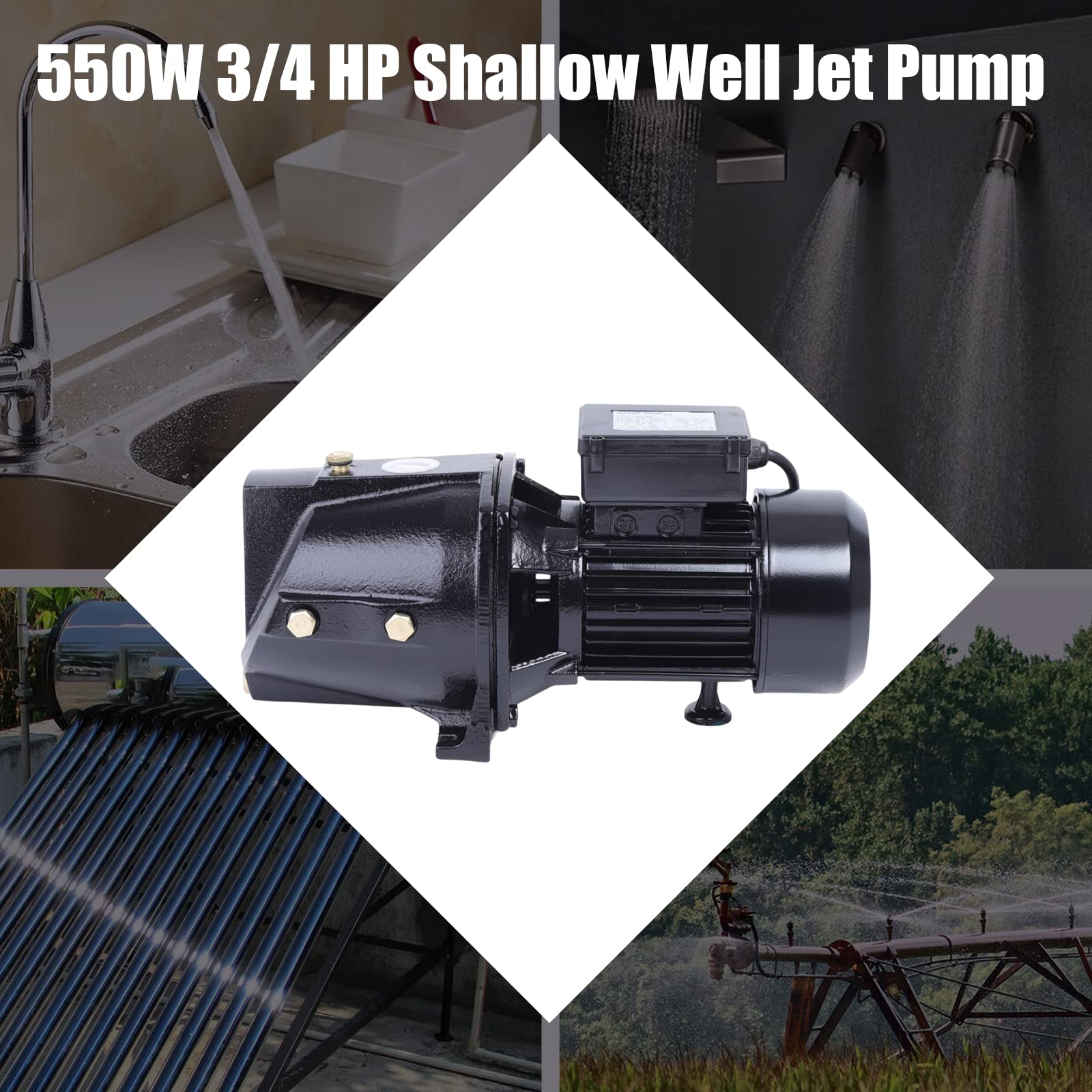 TBVECHI 3/4 HP Shallow Well Jet Pump with Adjustable Pressure Switch - 550W Cast Iron Water Pump for Home, Garden, Farm & Pool Use - Heavy Duty Shallow Well Pump for Irrigation, Lawn Watering & Household Water Supply (US Stock)