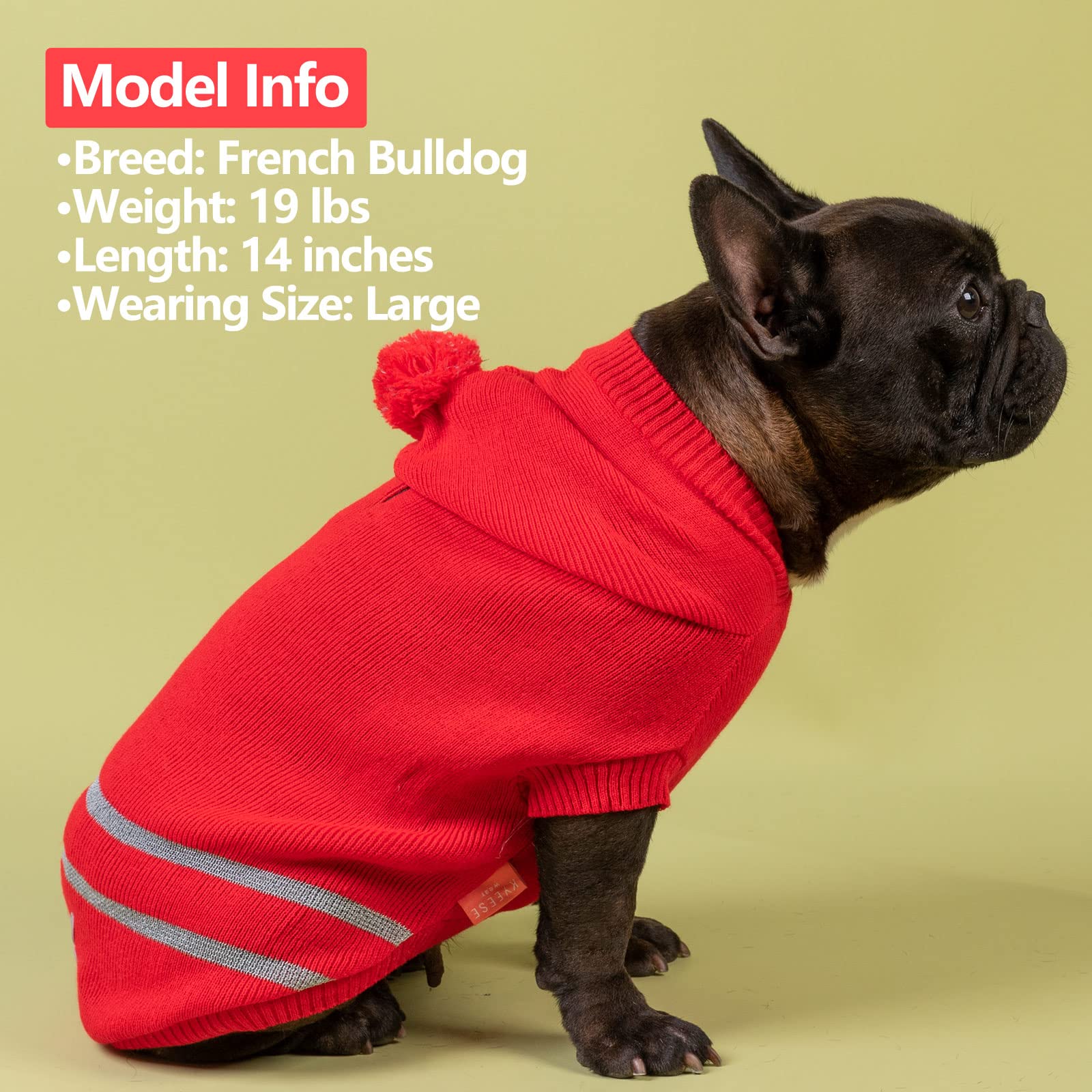 KYEESE Reflective Christmas Dog Sweater with Leash Hole - Warm Red Knit Hoodie Pullover for Small Dogs - Perfect for Winter Walks & Holiday Photos (Red, Size S)
