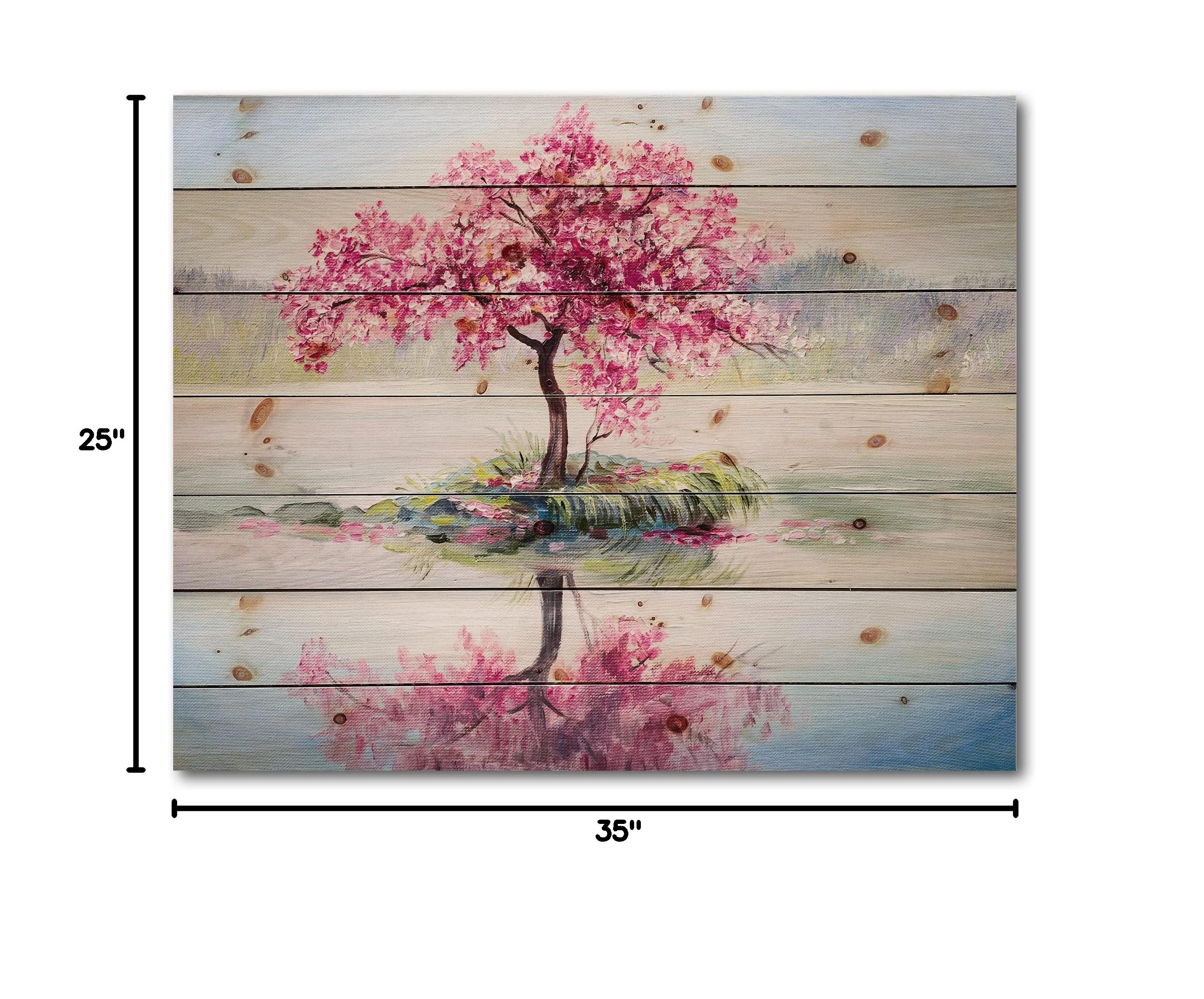 DesignQ Oriental Cherry Tree Sakura Lake House Wood Wall Decor - Pink Cherry Blossom Landscape Art on Natural Pine Wood Panel - Perfect for Living Room, Bedroom & Office Decoration
