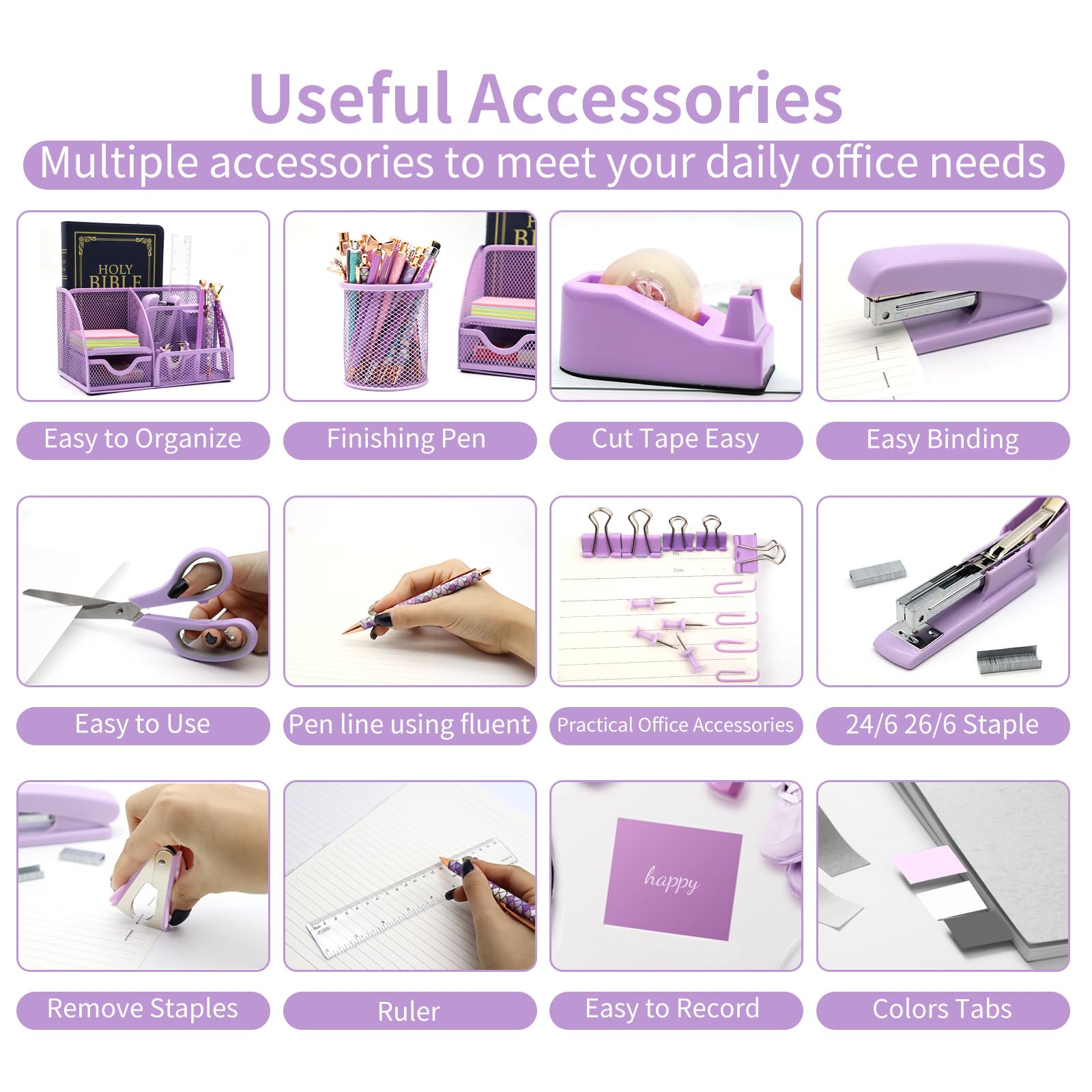 12-Piece Purple Desk Organizer Set with Pen Holder, Tape Dispenser, Stapler, Scissors, Ruler & Staple Remover - Stylish Office & School Supplies for Women - Perfect for Home Workspace, Classroom Organization & Gift Giving