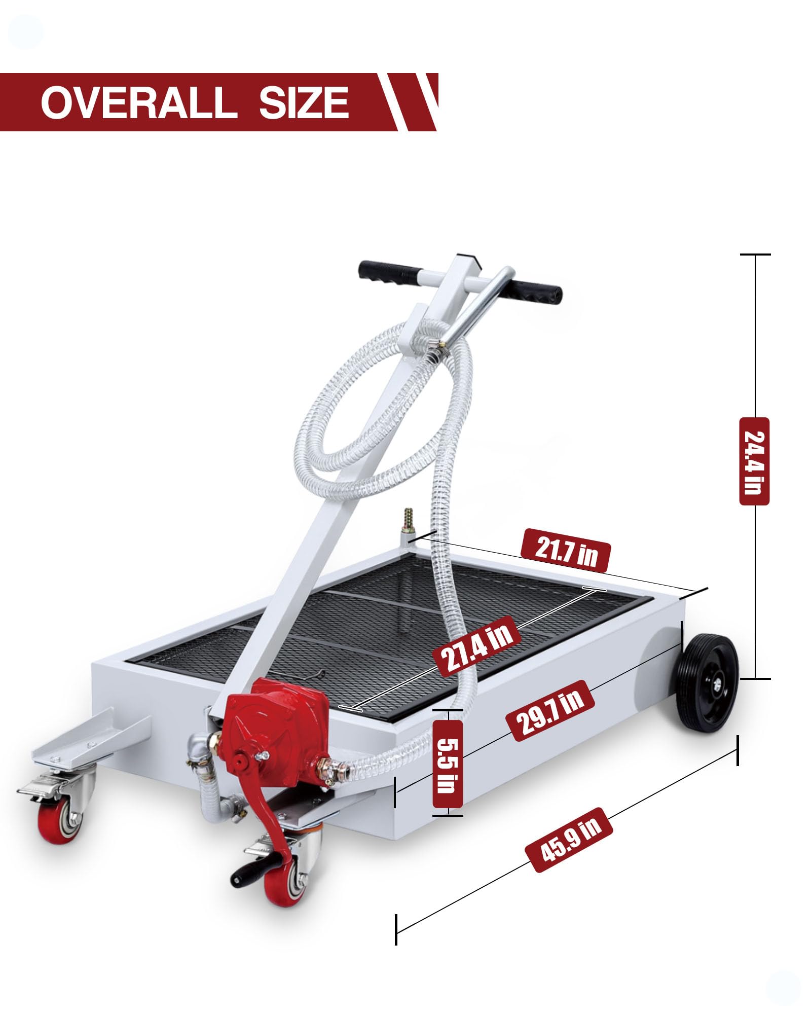 DEXSO 15 Gallon Oil Drain Pan with Hand Pump & 8 Ft Hose - Low Profile Oil Drain Cart with T-Folding Handle for Trucks, Cars, SUVs - Perfect for DIY Oil Changes and Garage Maintenance