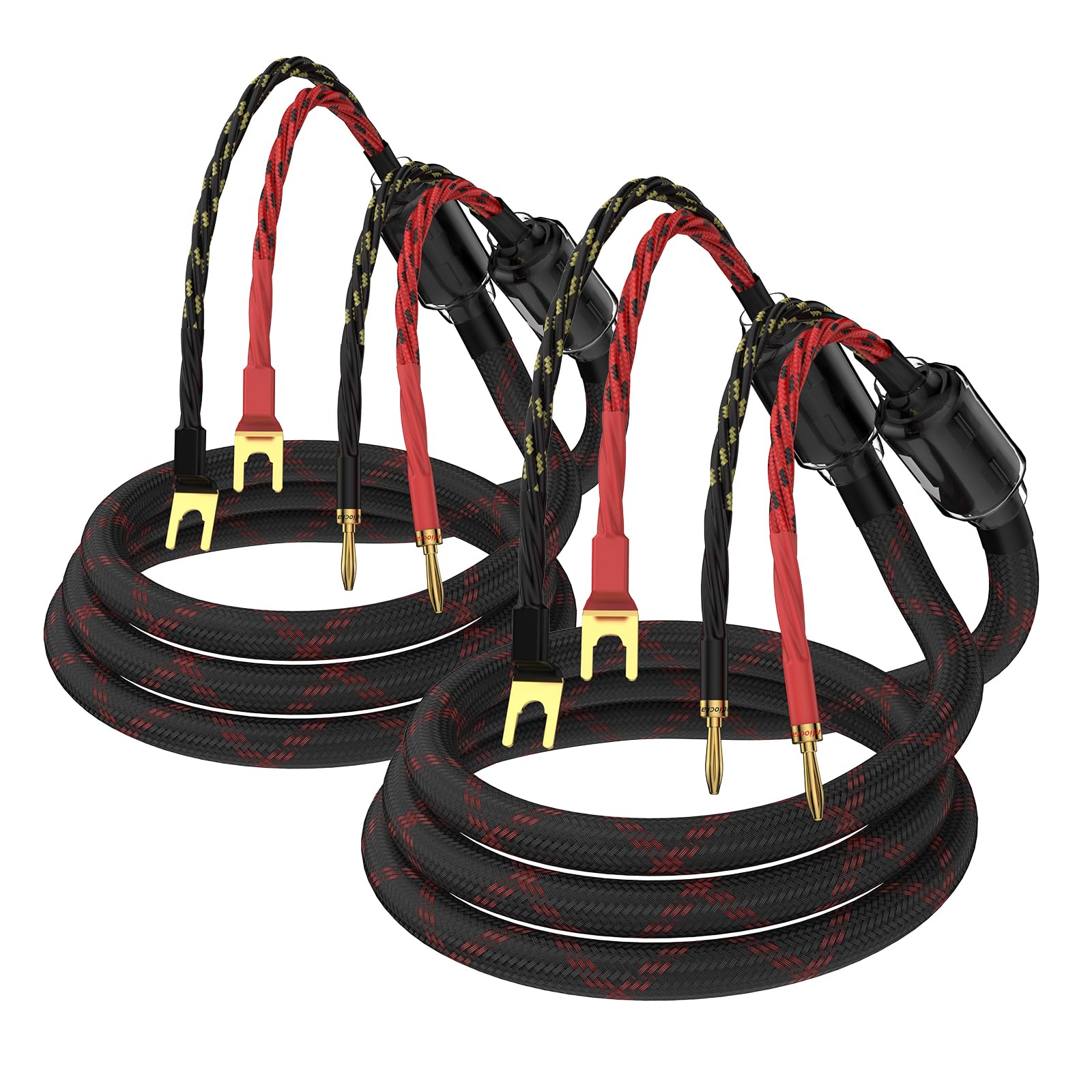 Premium HiFi OFC Braided Speaker Cable with 4 Banana Plugs & 4 Spade Connectors - 2m/6.56ft for Home Theater, Concerts, KTV & Audiophile Sound Systems - High-Quality Oxygen-Free Copper Audio Cable for Amplifiers & Speakers