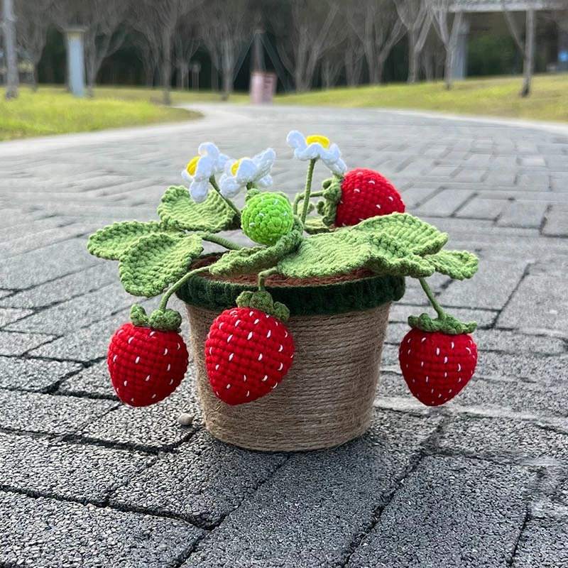 Handmade Crochet Potted Strawberry Bush - Decorative Artificial Plant for Home, Office & Gift - Perfect for Indoor Decor, Shelf Display & DIY Crafts