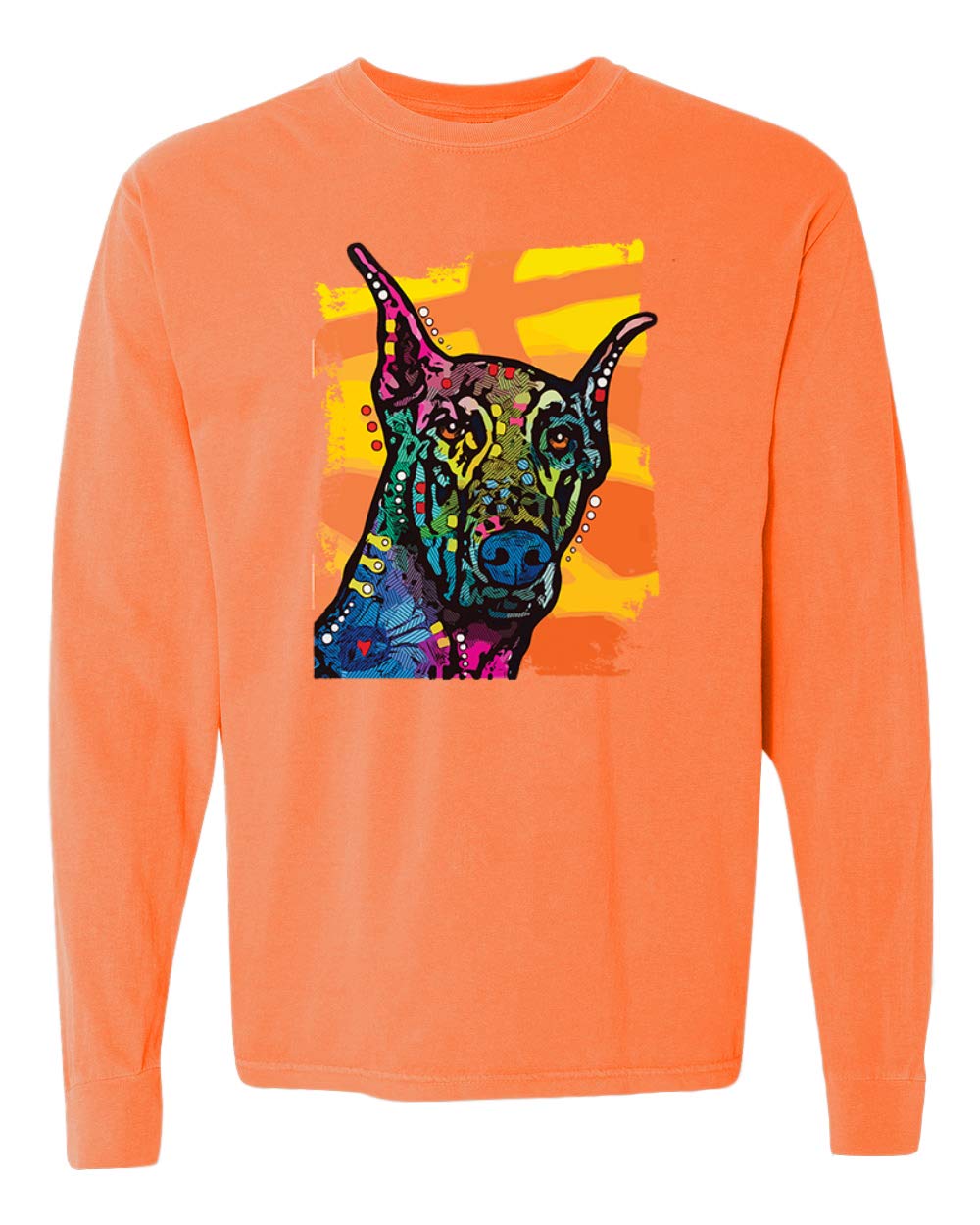 Vibrant Rainbow Doberman Graphic Long Sleeve T-Shirt for Dog Lovers - Soft Washed Cotton Tee with Unique Garment-Dyed Look - Perfect for Casual Wear, Dog Park Outings & Pet Lover Gifts