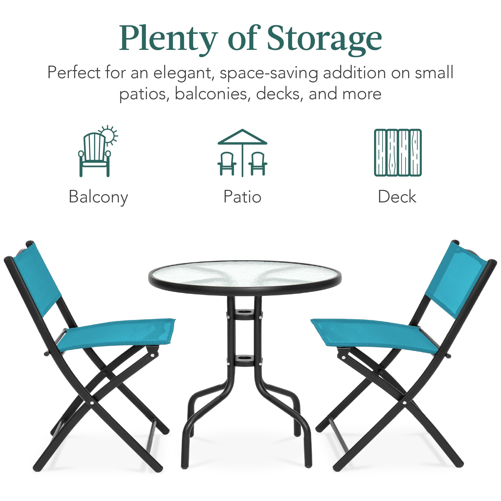 Best Choice Products 3-Piece Patio Bistro Set with Textured Glass Tabletop & 2 Steel Folding Chairs - Peacock Green Outdoor Dining Furniture for Garden, Balcony, or Backyard Relaxation