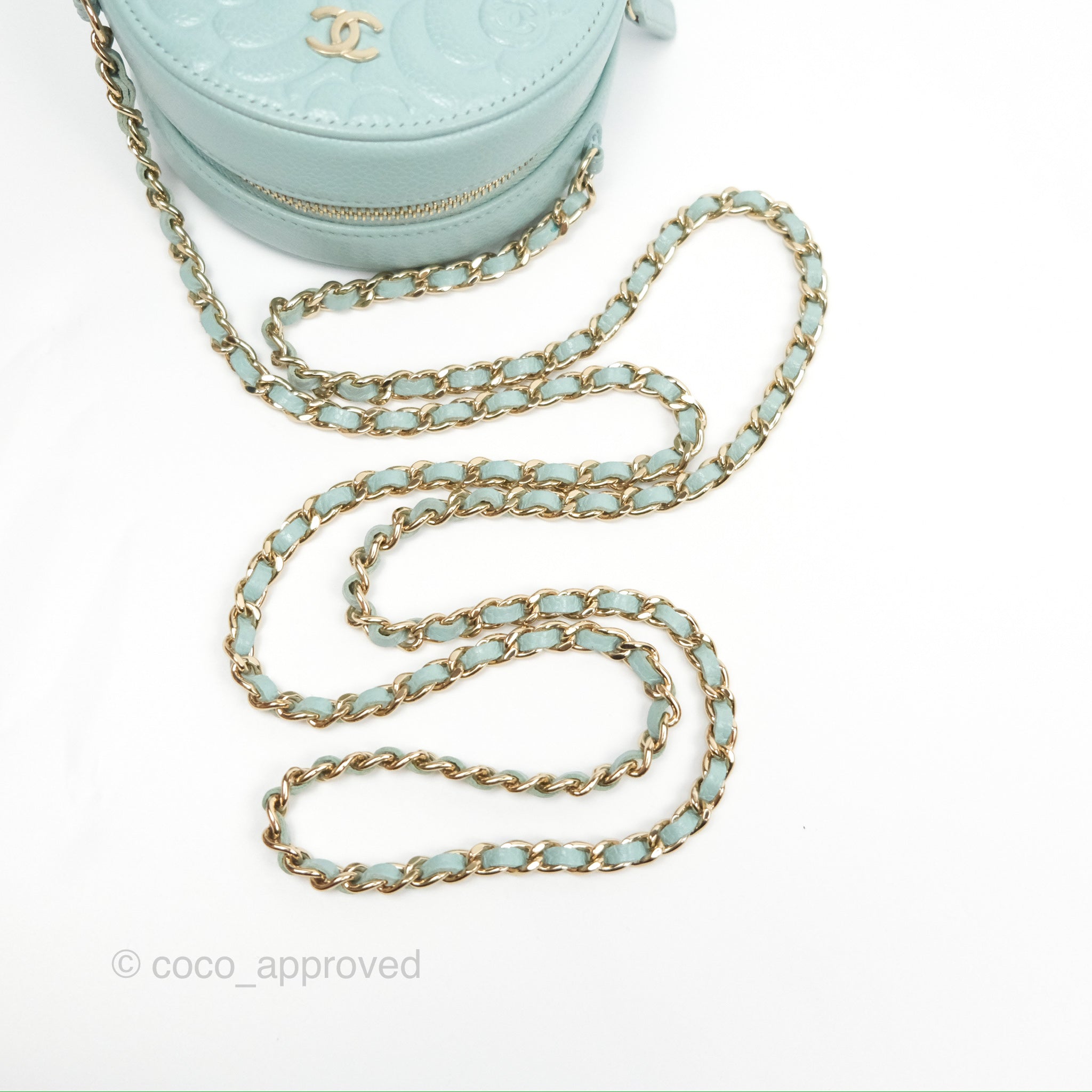 Chanel Camellia Embossed Round Clutch With Chain - Tiffany Blue Caviar Leather Crossbody Bag for Women | Perfect for Evening Parties, Weddings & Special Occasions