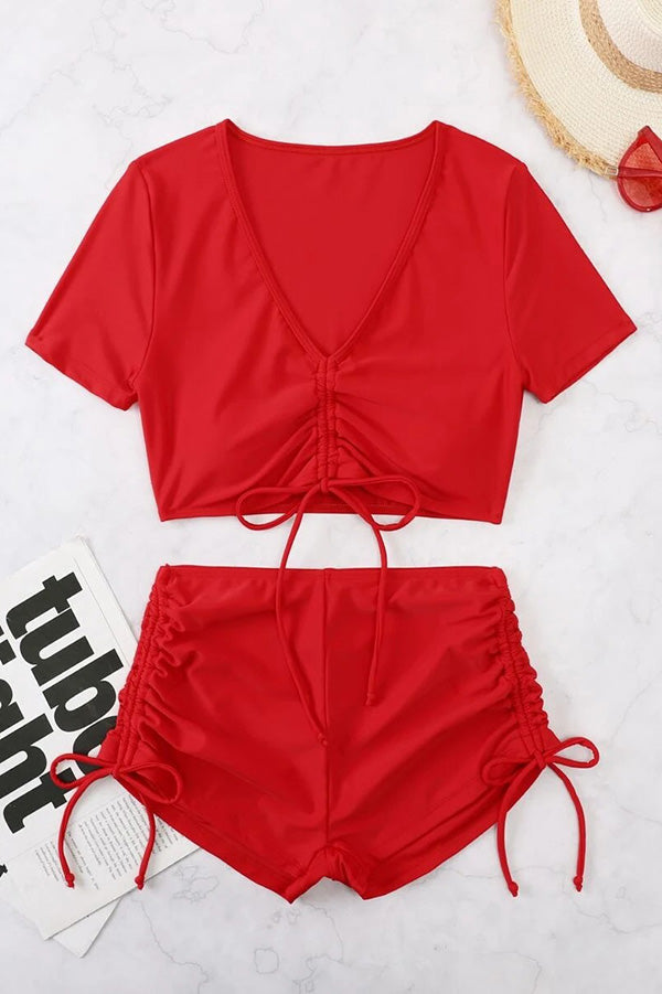 Women's Solid V Neck Drawstring High Waist Stretch Two Piece Bikini Swimsuit - Sexy Summer Beachwear for Pool Party & Vacation