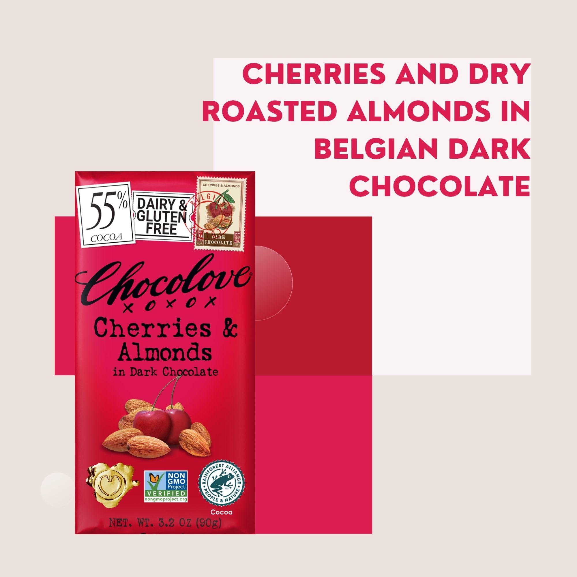 Premium Chocolove Dark Chocolate Bars with Cherry & Almond - 3.2oz (12-Pack) | Gourmet Gift, Healthy Snack & Dessert for Holidays, Parties & Everyday Indulgence