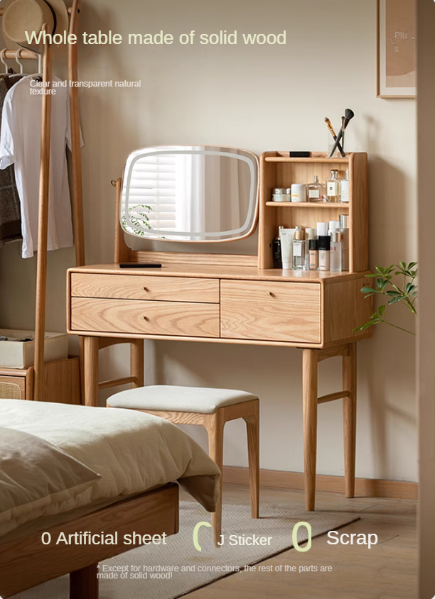 Solid Oak & Ash Wood Dressing Table with LED Lighted Makeup Mirror - Perfect for Bedroom Vanity, Makeup Application & Home Decor
