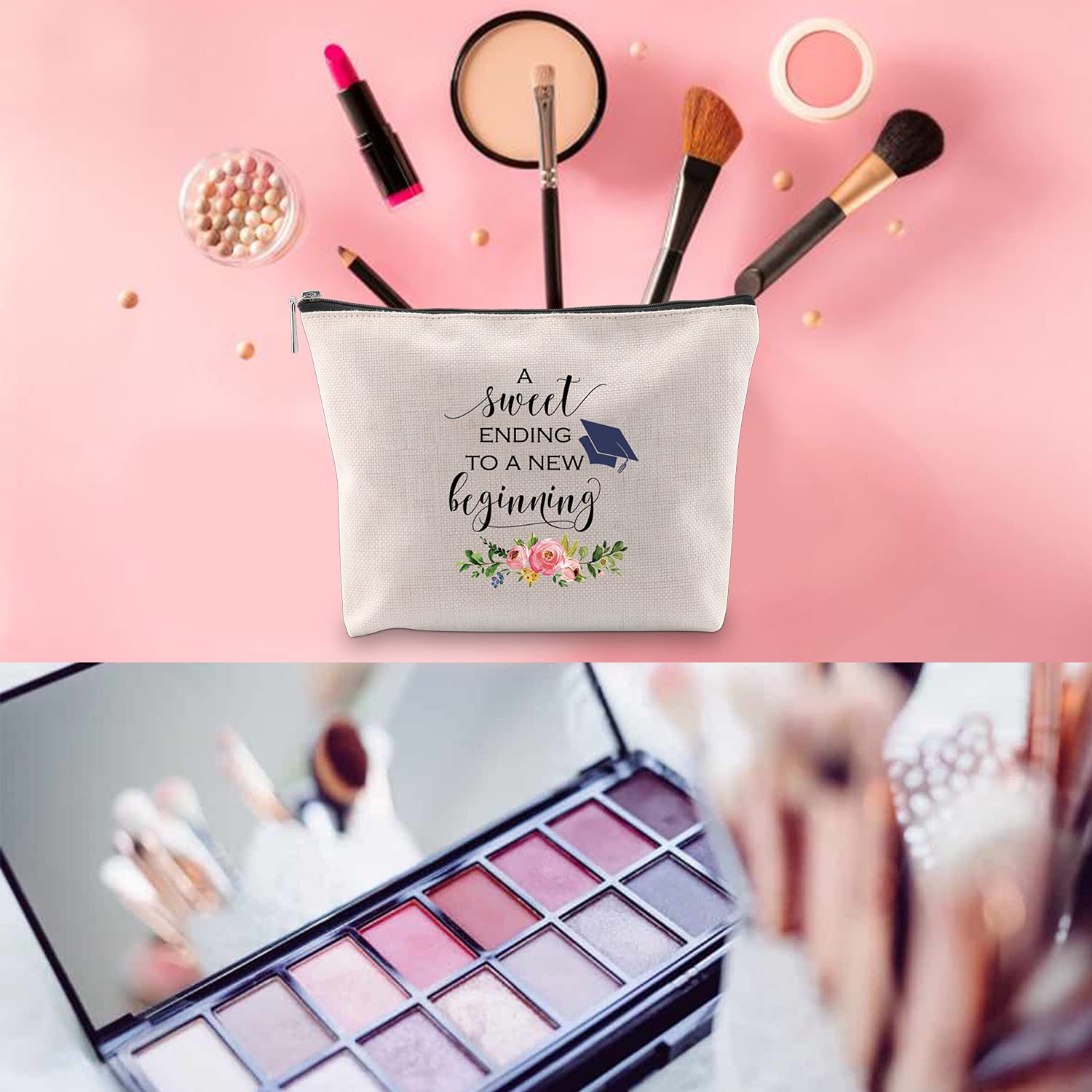 WCGXKO Graduation Gift Makeup Bag - A Sweet Ending To A New Beginning | Waterproof Travel Toiletry Organizer for Cosmetics & Essentials | Perfect for Graduation Parties, College Dorm, and Vacation Trips