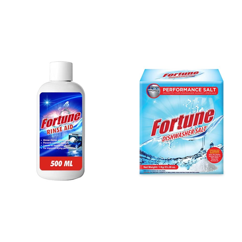 Fortune Rinse Aid Liquid (500ml) & Dishwasher Salt (1kg) - Universal Compatibility for All Dishwasher Brands - Perfect for Sparkling Clean Dishes in Every Wash