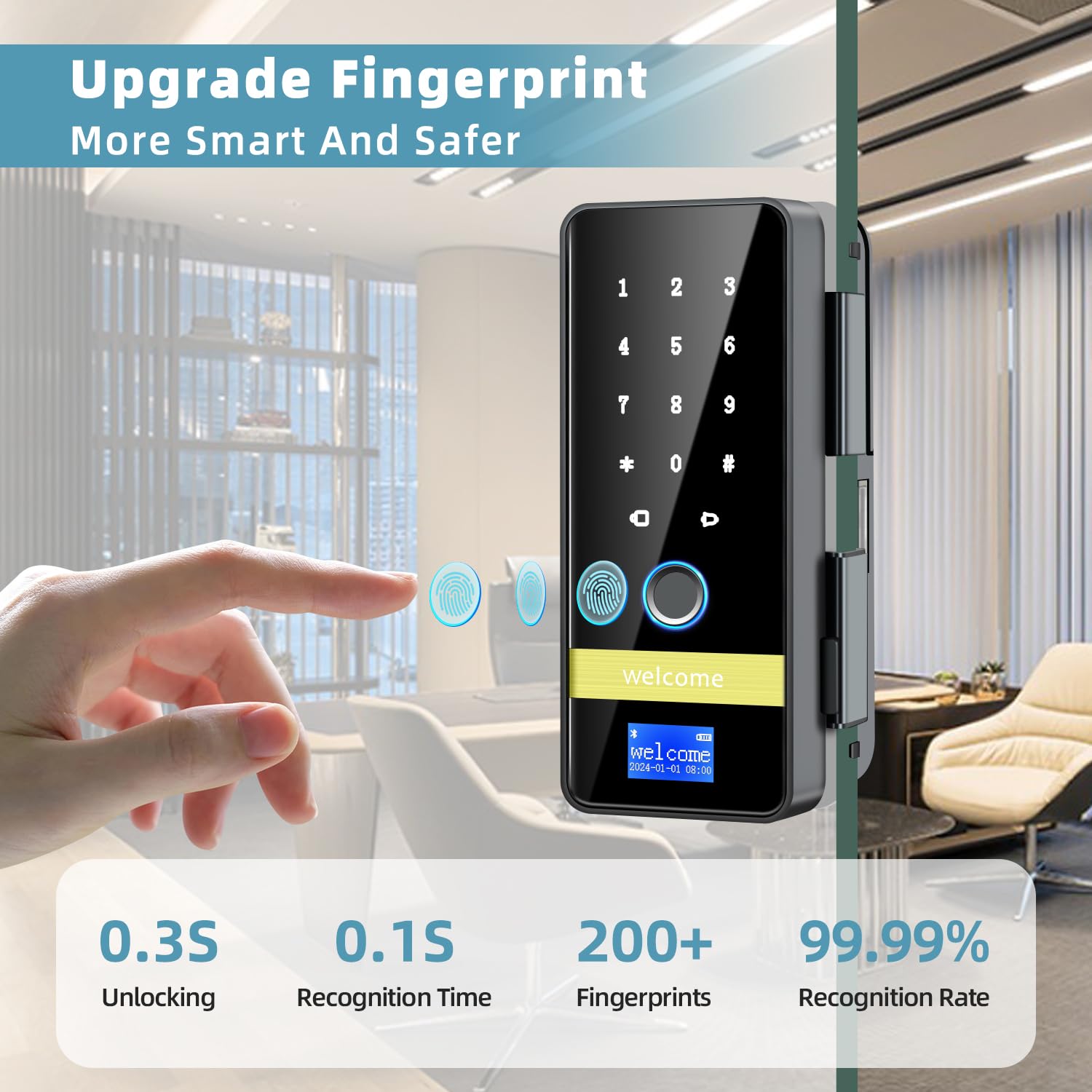 Smart Glass Door Lock - 8-in-1 Keyless Entry Digital Lock with Fingerprint & Keypad - Auto Lock for Glass Front Doors - Ideal for Home, Office & Hotel Security (Easy Installation & Modern Design)