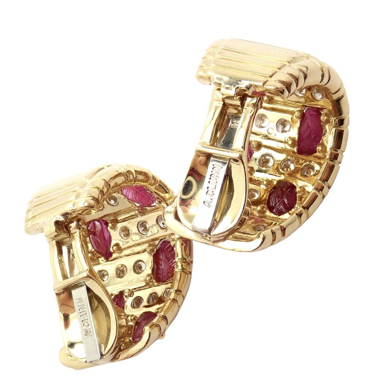 Vintage Andrew Clunn 18K Yellow Gold Diamond Carved Leaf Ruby Earrings - Elegant Antique Jewelry for Weddings, Parties & Special Occasions