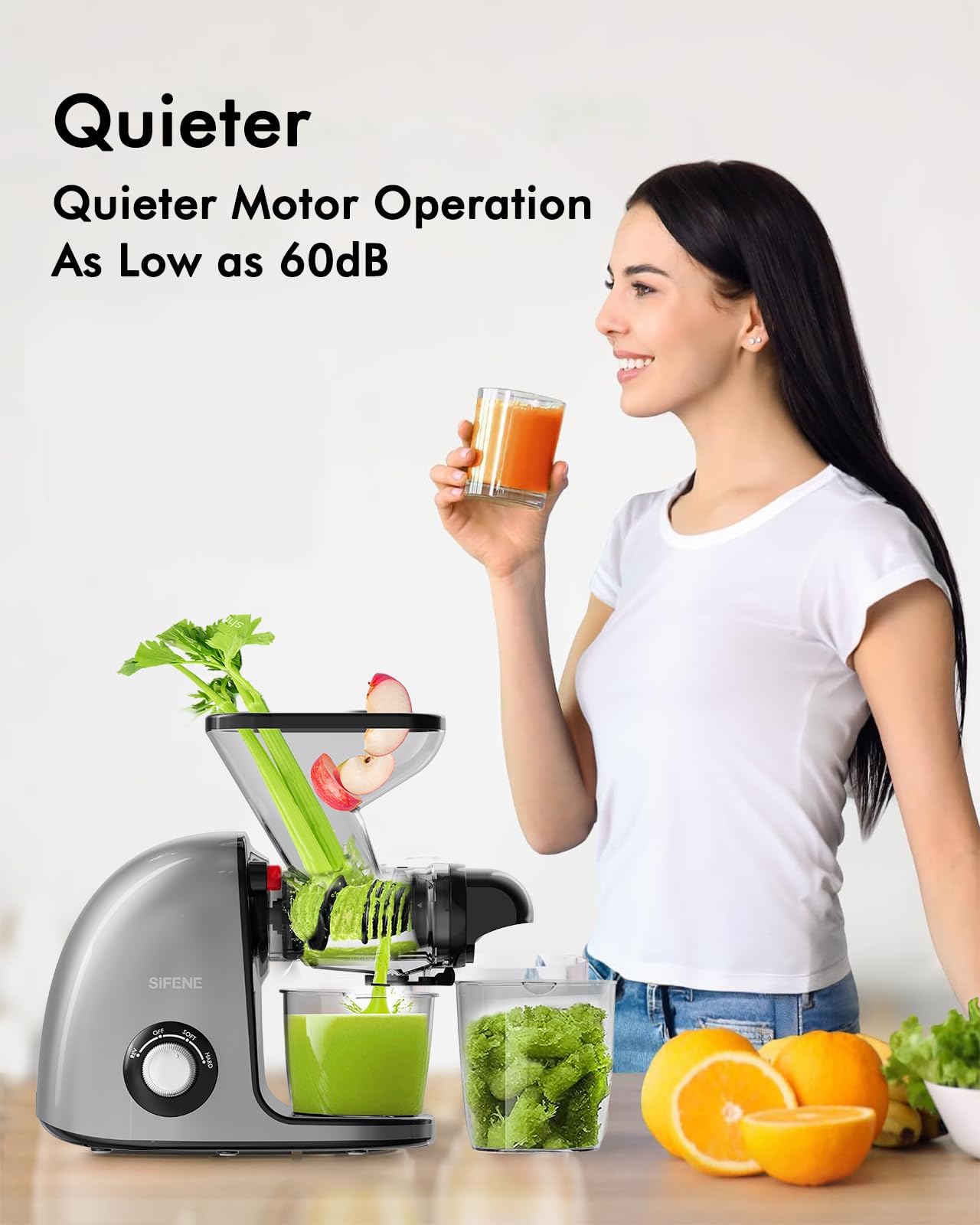 SiFENE Slow Masticating Juicer - Cold Press Fruit & Vegetable Juicer with Dual Mouth, High Juice Yield, Quiet Motor & Anti-Clog System, Easy to Clean, BPA-Free (Gray) - Perfect for Healthy Juicing at Home, Office, or Gym