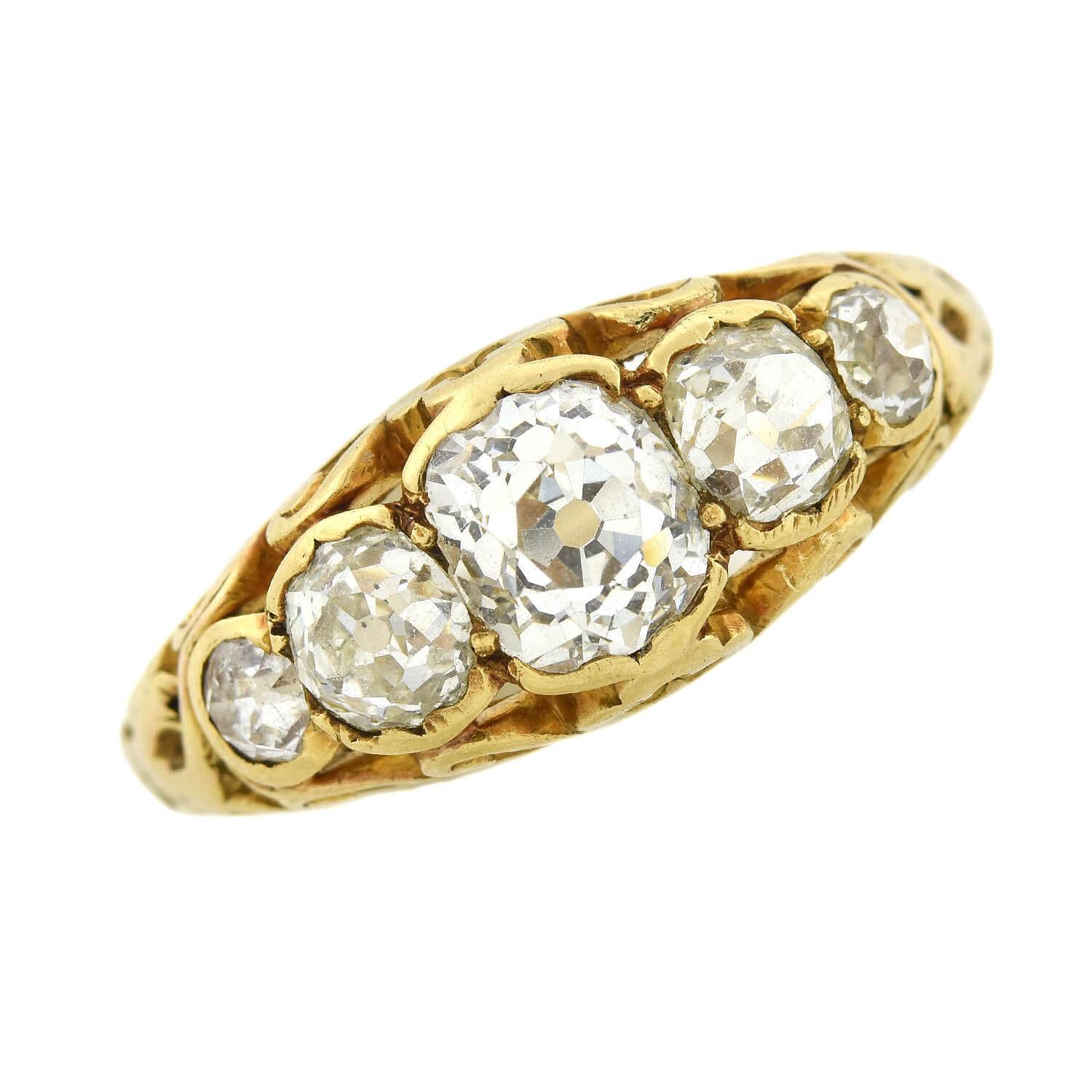 Victorian Style 18kt Gold Mine Cut Diamond 5 Stone Ring - 2.00ctw Total Weight - Elegant Antique Jewelry for Weddings, Anniversaries & Special Occasions