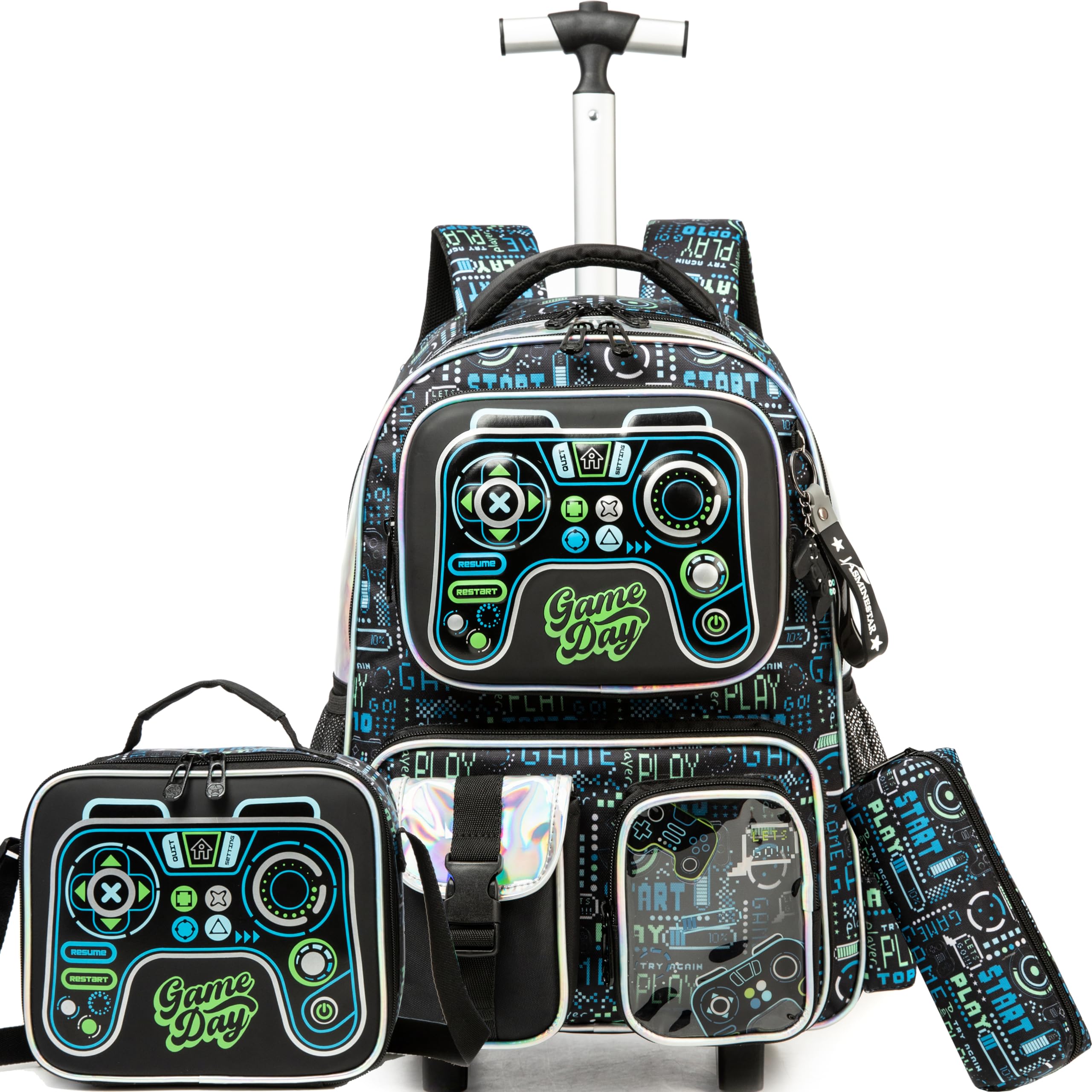 Meetbelify Kids Rolling Backpack with Wheels - 3-in-1 School Travel Luggage for Boys Age 8-10 | Includes Lunch Box & Suitcase Features | Perfect for Elementary Students, Airplane Trips & Daily Commute