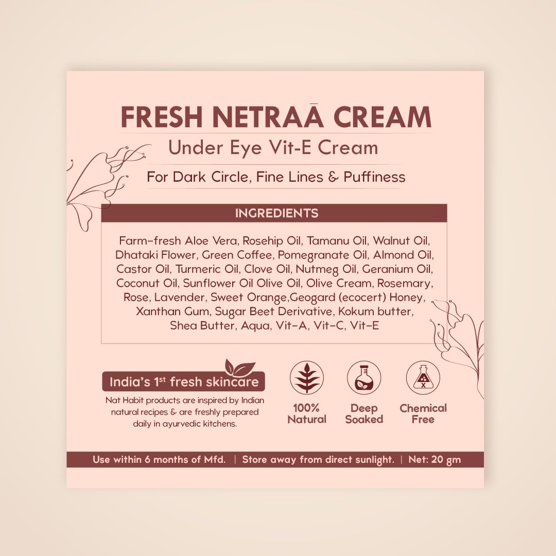 Nat Habit Fresh Netraa Under Eye Cream for Fine Lines, Puffiness, Wrinkles & Dark Circles - Vitamin C, E, Polyphenols, Omega-3 & Retinol - 20g - Brightening & Anti-Aging Eye Treatment for Men & Women - Perfect for Night Routine & Travel Skincare