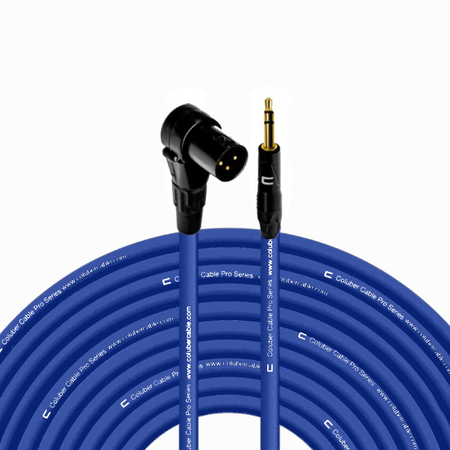 COLUBER CABLE Right Angle 3-Pin XLR Male to 3.5 TRS Male - 150 Feet Blue Pro Microphone Connector for Powered Speakers, Audio Interface, Mixer - Ideal for Live Performance, Studio Recording & Home Audio Setup
