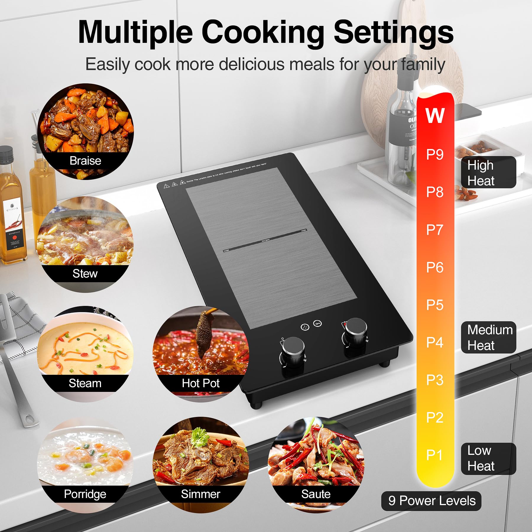 VBGK 12 Inch 3000W Double Induction Cooktop - 2 Burner Electric Stove with Rotary & Touch Controls, 9 Power Levels, Child Lock & Timer - Perfect for Home Kitchen, RV Cooking & Small Spaces (110V)