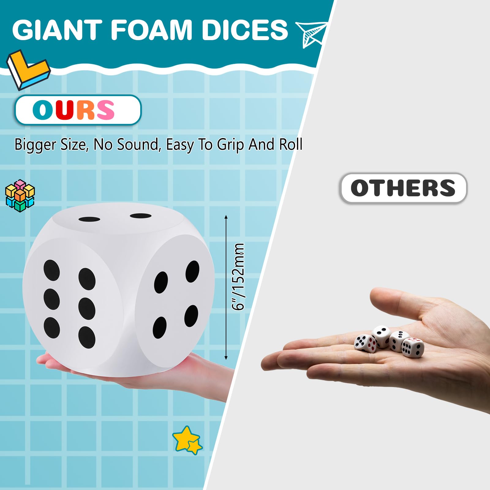 Shappy 6 Inch Soft Foam Dice - Large Educational Toy for Kids, Fun Game Night Accessories, Giant Decorative EVA Foam Cube for Learning, Party Games & Classroom Activities (White, 1 Piece) - Perfect for Family Game Nights, Math Learning, and DIY Decorations