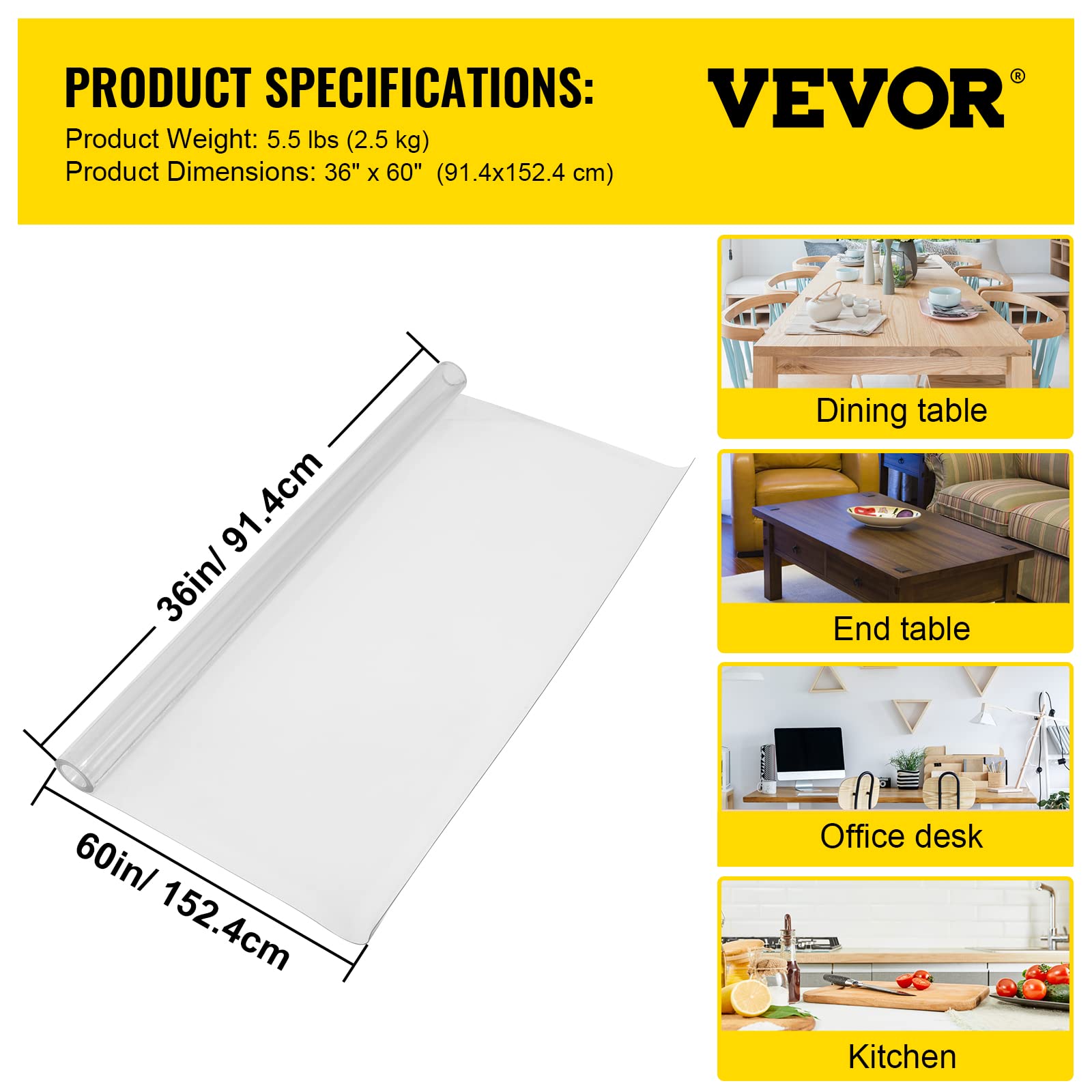 VEVOR Clear Plastic Table Cover 36 x 60 Inch, 1.5mm Thick Rectangle Table Protector - Waterproof & Scratch-Resistant Desk Mat for Office, Dresser, Nightstand - Perfect for Dining Tables, Crafting & Home Decor Protection
